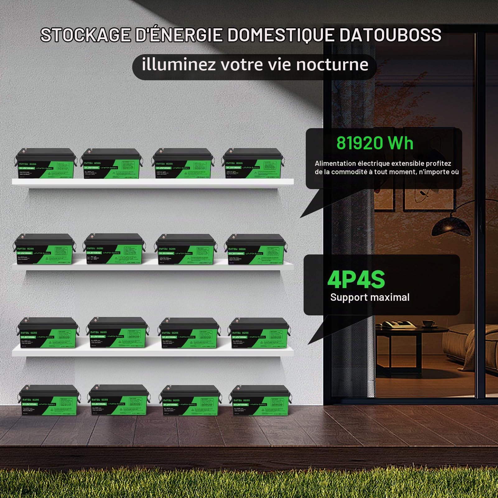 DATOUBOSS Batterie Lithium 48V 100Ah LiFePO4,BMS intégré 100A,15000+Cycles Cycle Profond Batterie Lithium,Max 5120W Puissance supportée en série/parallèle,Parfait pour Solaire, Off-Grid