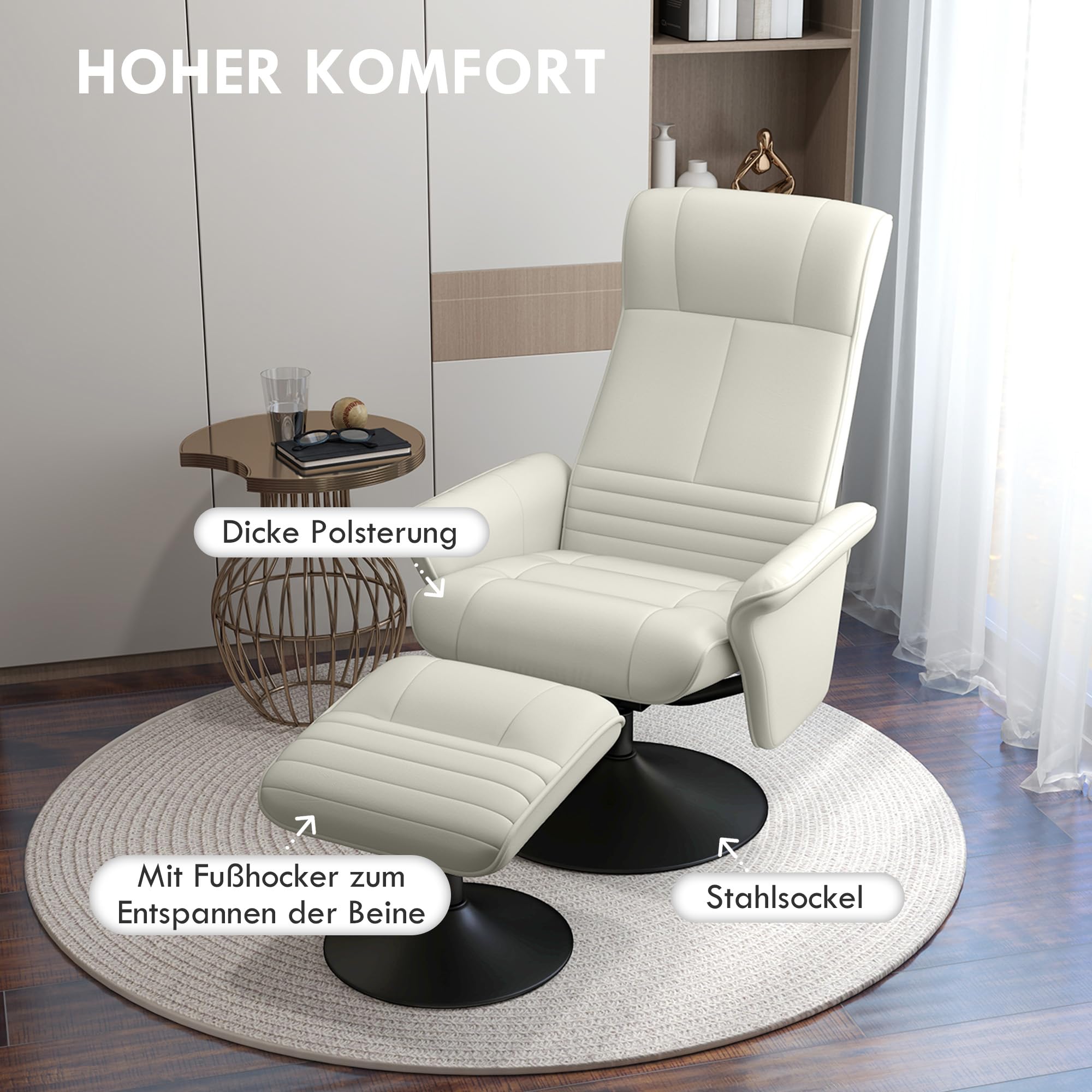 HOMCOM Fotel relaksacyjny z taboretem, obracany o 360° fotel telewizyjny z funkcją leżenia, tapicerowany fotel TV o wyglądzie mikrofibry, do salonu, kremowo-biały