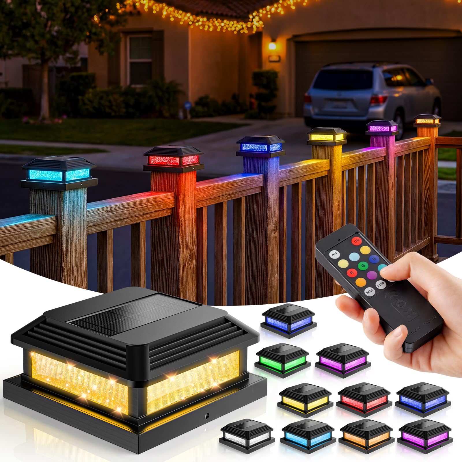 Photo 1 of JOFIOS Solar Post Cap Lights Outdoor with Remote 12pack - Control 8 RGB Color Changing & Multicolor Flow Modes Easily, IP65 Waterproof - Fits 4x4/5x5 Wood/Vinyl Fence Deck Posts, Patio Garden, Black
