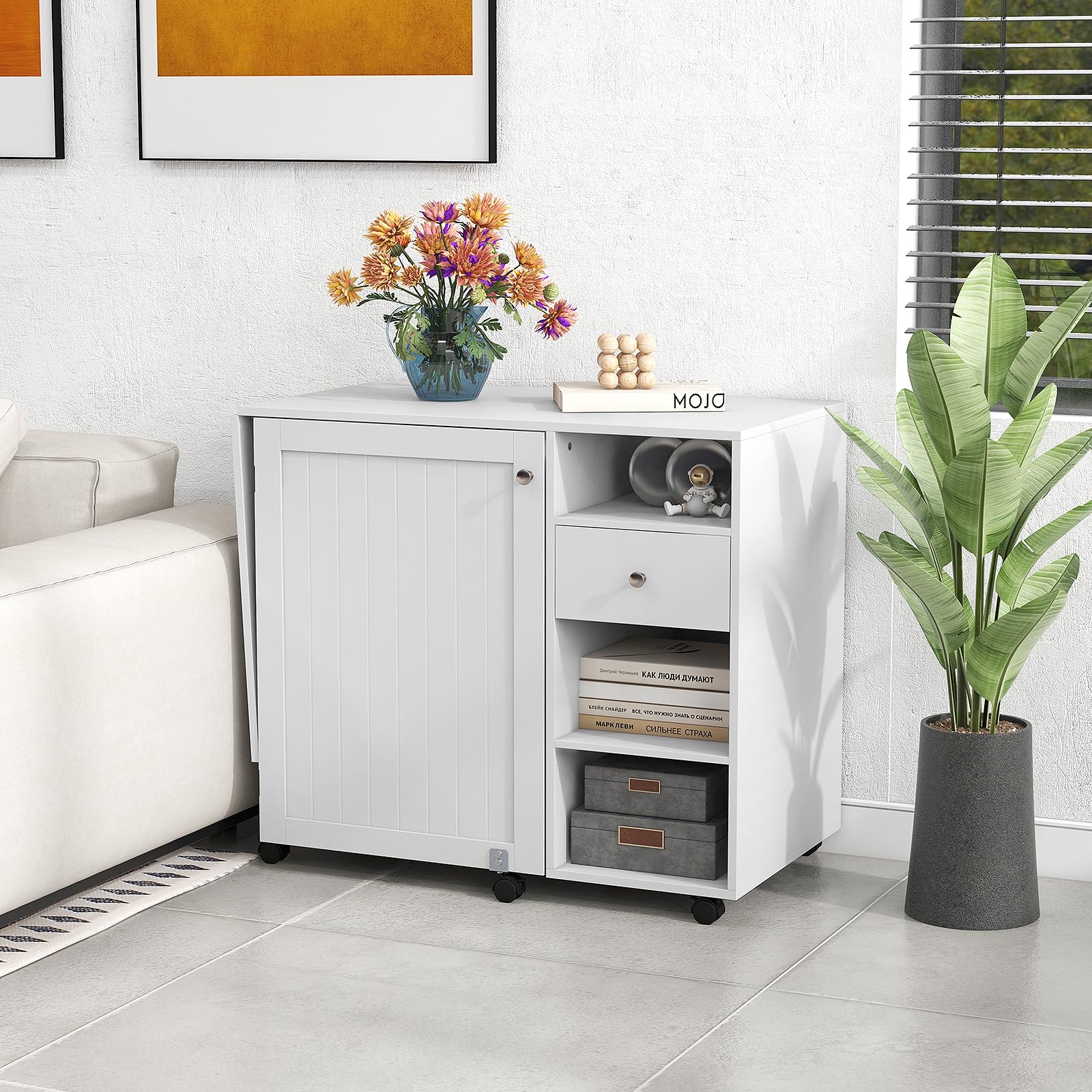 COSTWAY Table de Couture Pliante, Meuble Machine à Coudre avec 4 Compartiments Ouverts et 1 Tiroir de Rangement, 18 Rangées de Bâtonnets, 2 Plateaux de Rangement, roulettes Verrouillables, Blanc