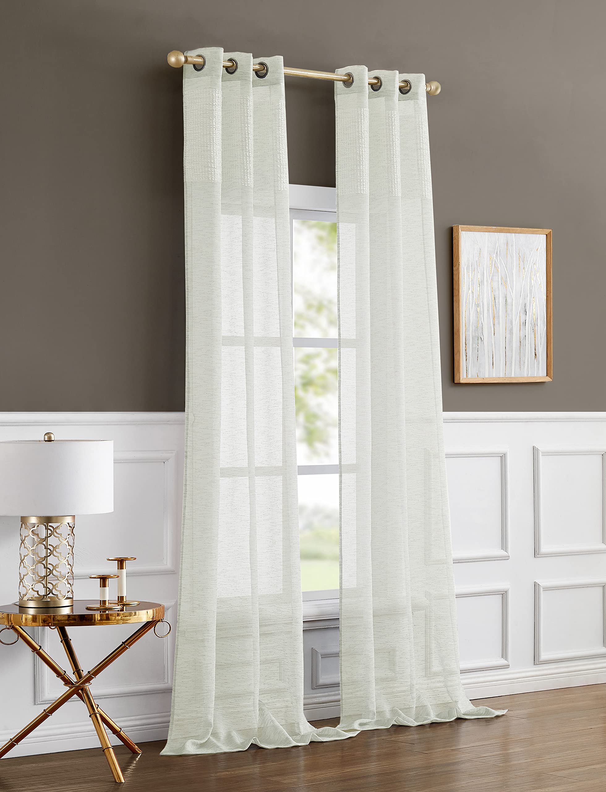 Juego de paneles de chenilla 193 x 213 cm Sarah Linen Look, cortinas modernas a rayas color lino