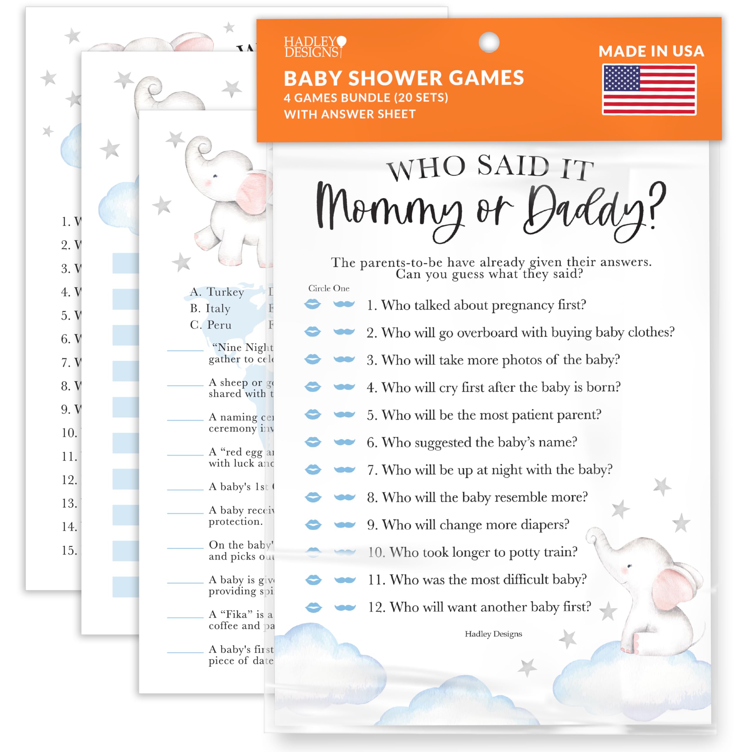 Hadley Designs 40 Elephant Baby Shower Games Boy-Who Knows Mommy Best, Guess Who Mommy Or Daddy Baby Shower Game, Baby Games For Baby Shower Family
