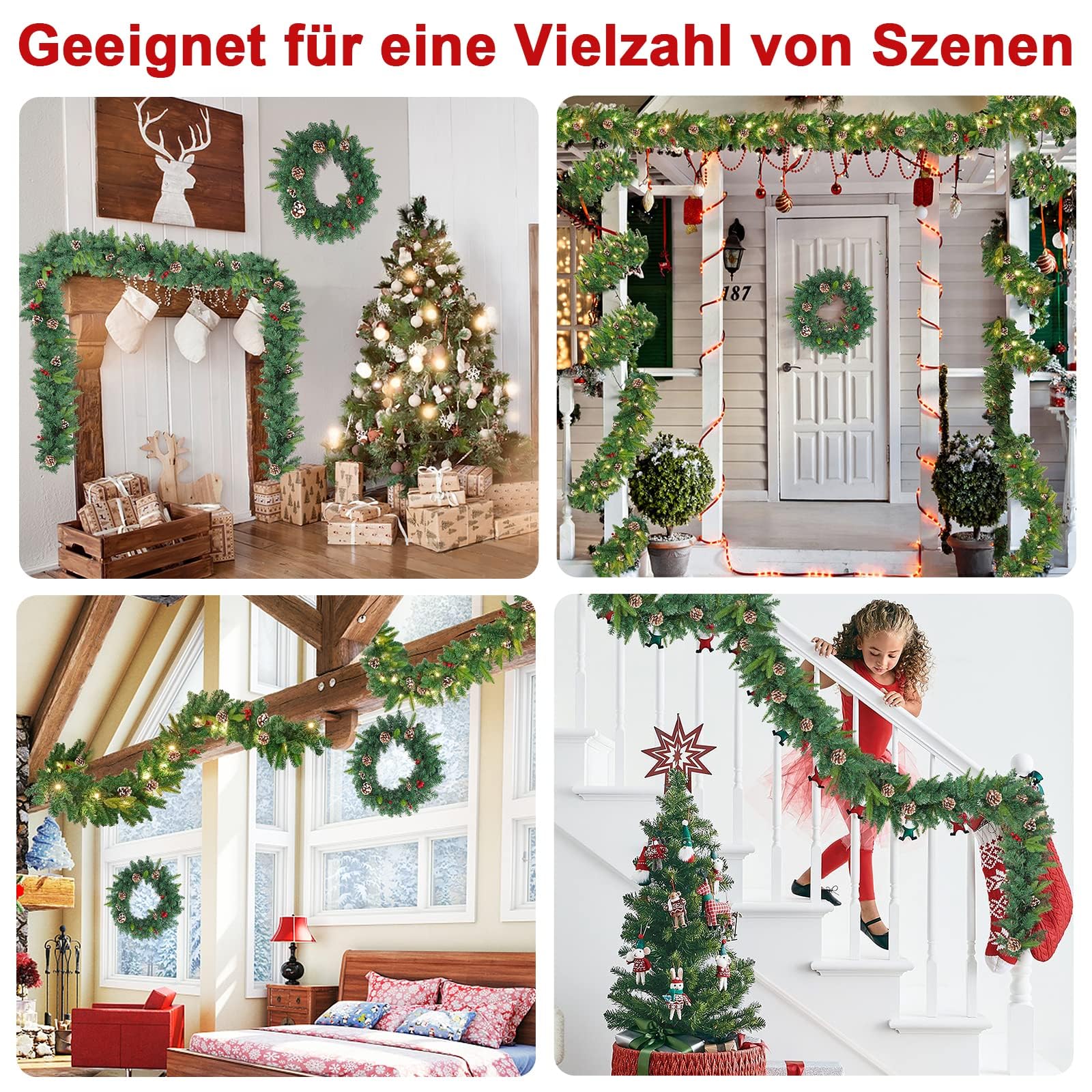 LZQ 5m Girlande Weihnachten Weihnachtsgirlande mit Beleuchtung, Weihnachtsdeko Girlanden mit Roten Beeren und Tannenzapfen, Tannengirlande für Innen und Außendekoration von Türen, Wänden und Treppen