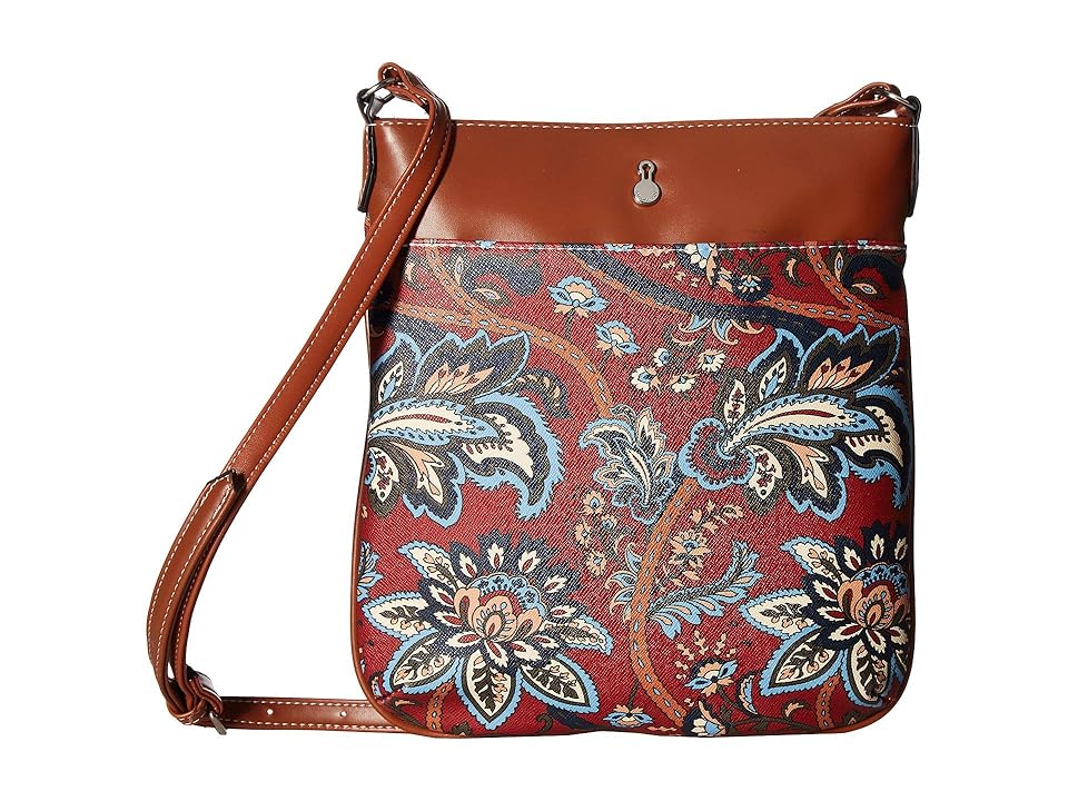 

London Fog Stafford North/South Crossbody (Floral Tapestry Print/Cognac Trim) Handbags