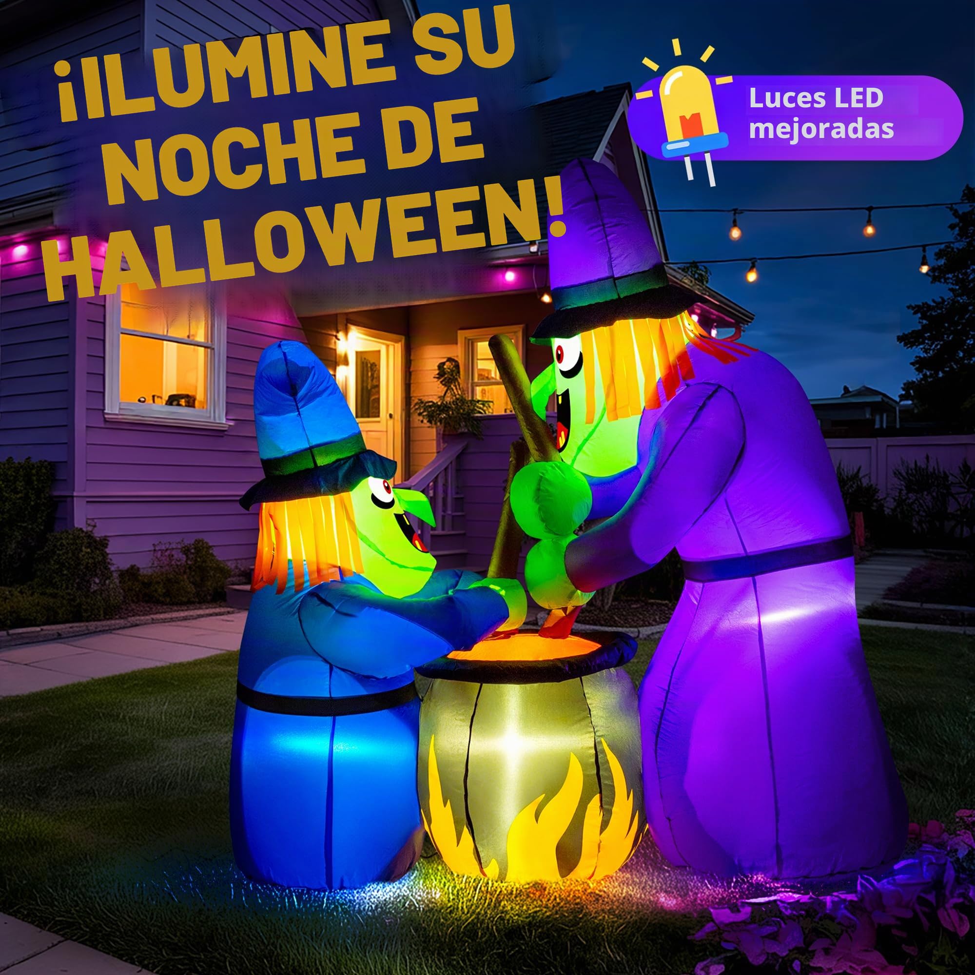 Solpex Decoración de Halloween, decoración Inflable de Bruja, 150 cm/5 pies LED Blancos Integrados, Espeluznante Inflable para Fiestas, jardín, Ventanas (Lila y Azul)