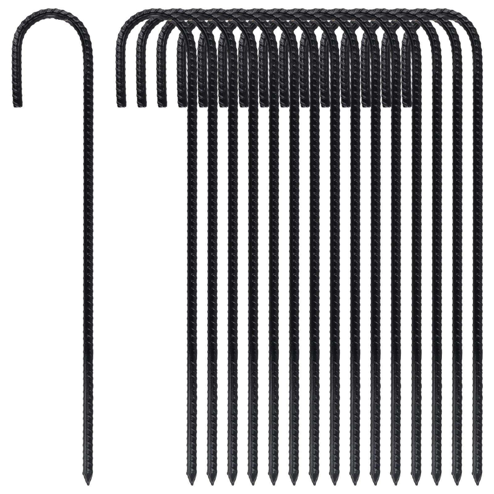 JIAYUET 16 Pack Heavy Duty J Shaped Rebar Stakes, 40cm Black Steel Ground Anchors for Tents, Garden Fabric and Fencing