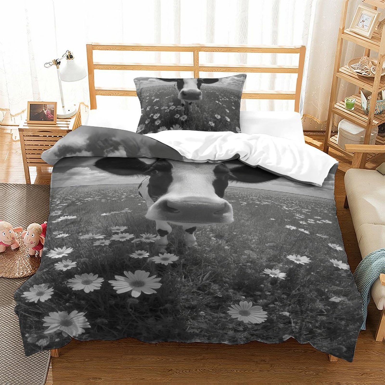 Parure de lit vache 3D en microfibre douce avec housse de couette 135x200cm et taie d'oreiller