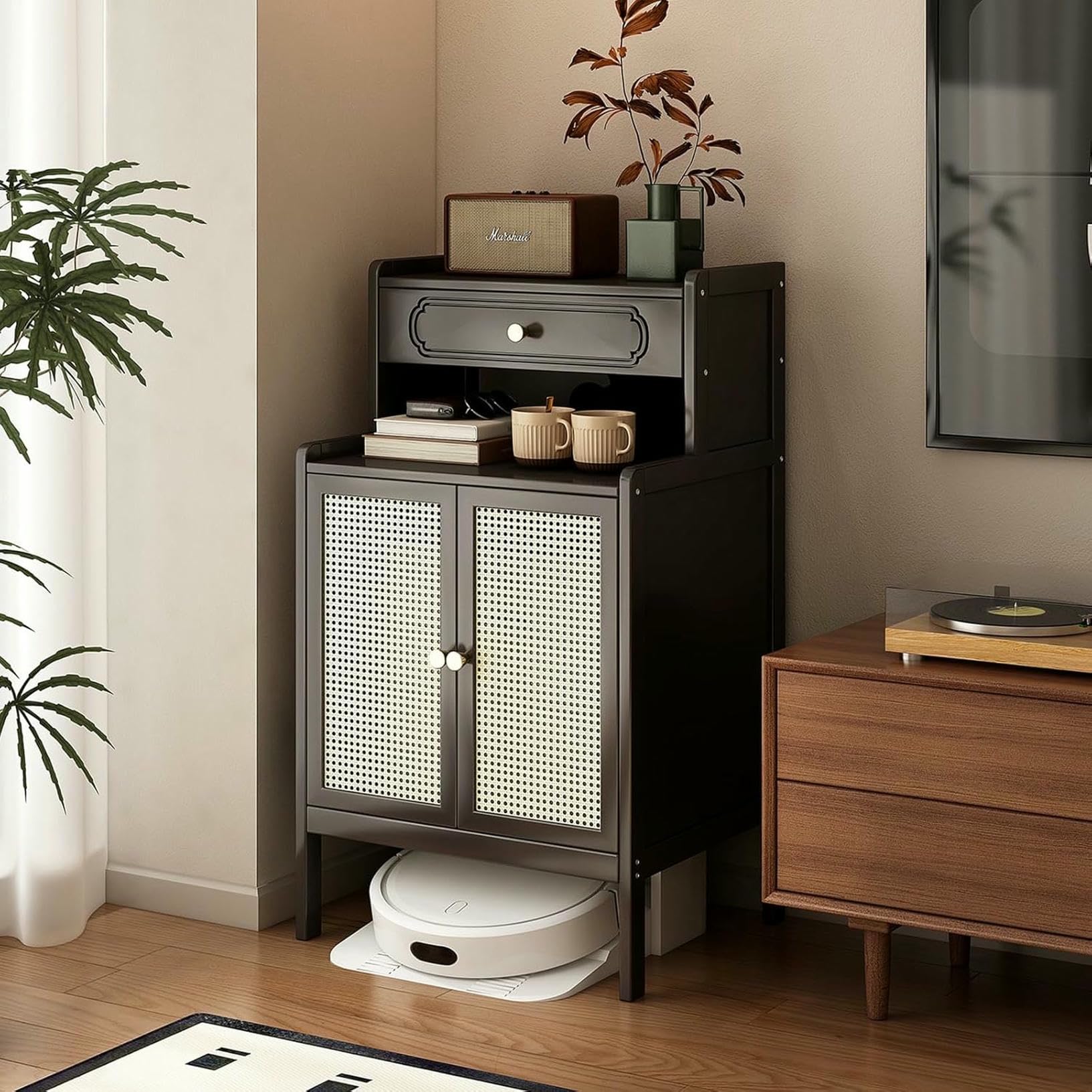 Meuble de rangement intelligent en bambou pour aspirateur robot et balai avec étagère salon