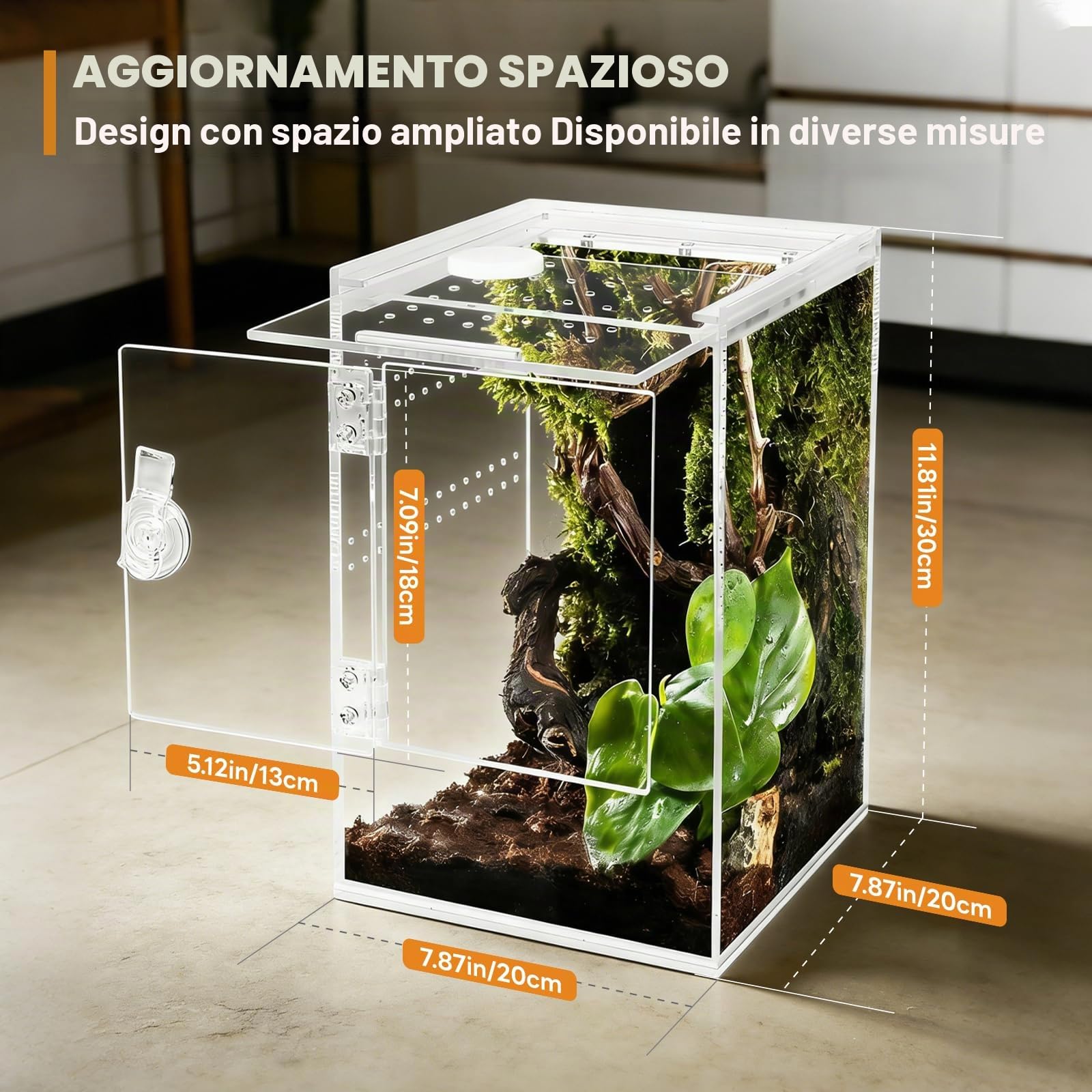 Terrario, 360° Terrarium Acrilico - Teca per Rettili Trasparente | 20x20x30CM,Terrario Rettili per ragni, lumache, mantidi, lucertole, raganelle, paguri, coleotteri