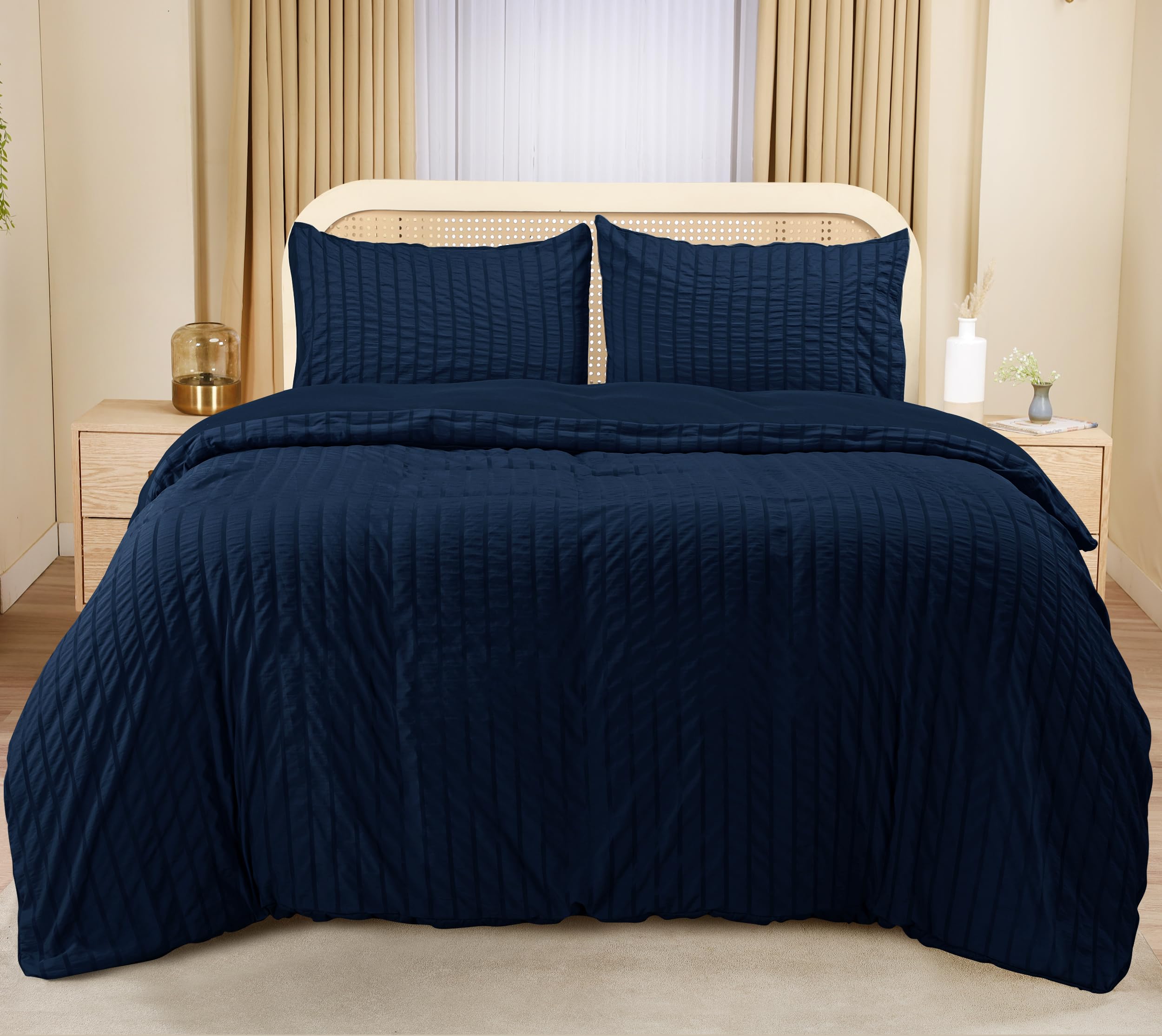 Utopia Bedding Seersucker Funda Nordica Cama 105 - Juego de Funda Nórdica de Microfibra Seersucker 200x200 cm y 2 Funda de Almohada 50x75 cm (Azul Marino)