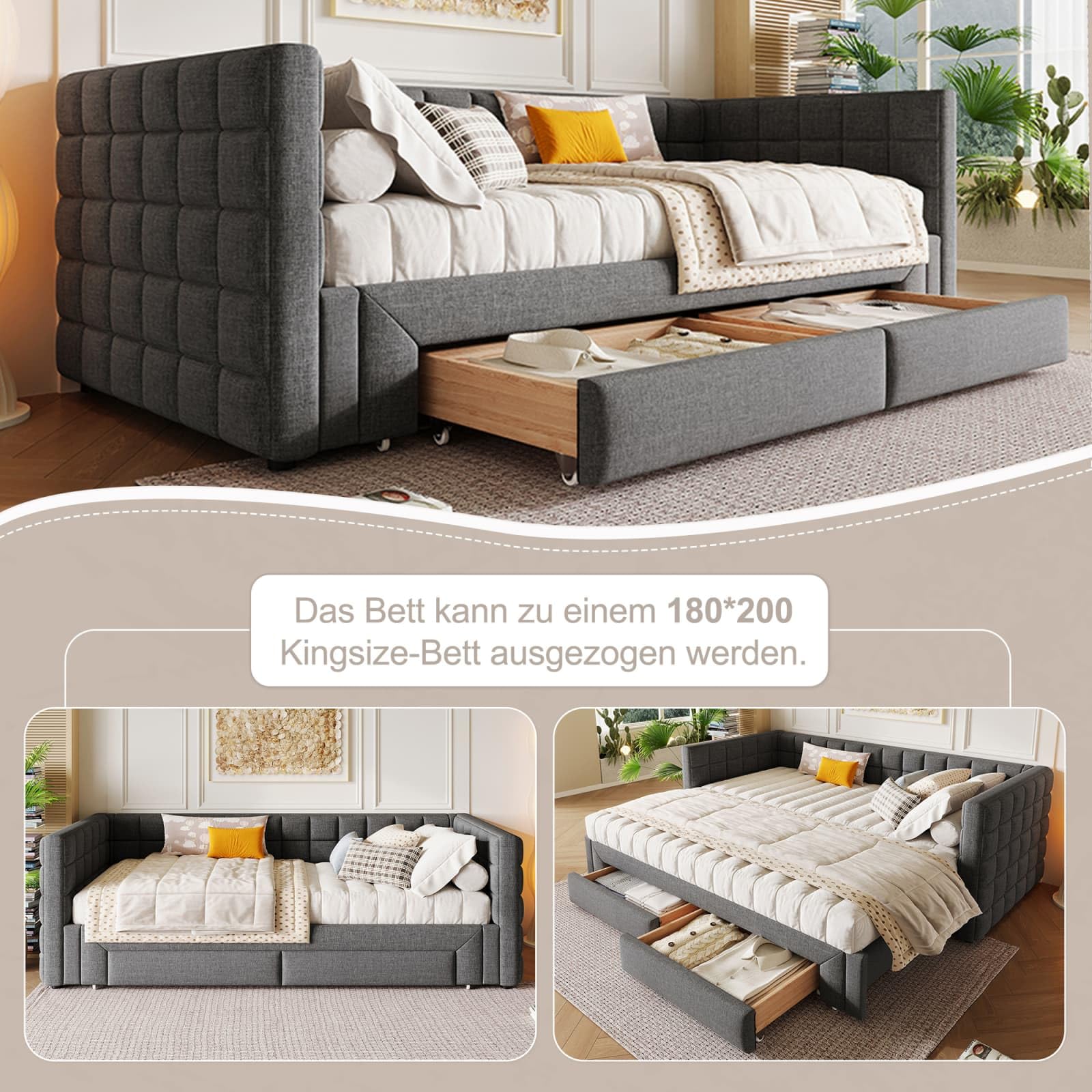 PUGSDRLY Canapé Lit Convertible 90/180x200cm avec 2 Tiroirs,canapé lit 2 Places Convertible Multifonctionnel,capitonné,sommier à Lattes,Tissu Velours,sans Matelas (Gris-B)