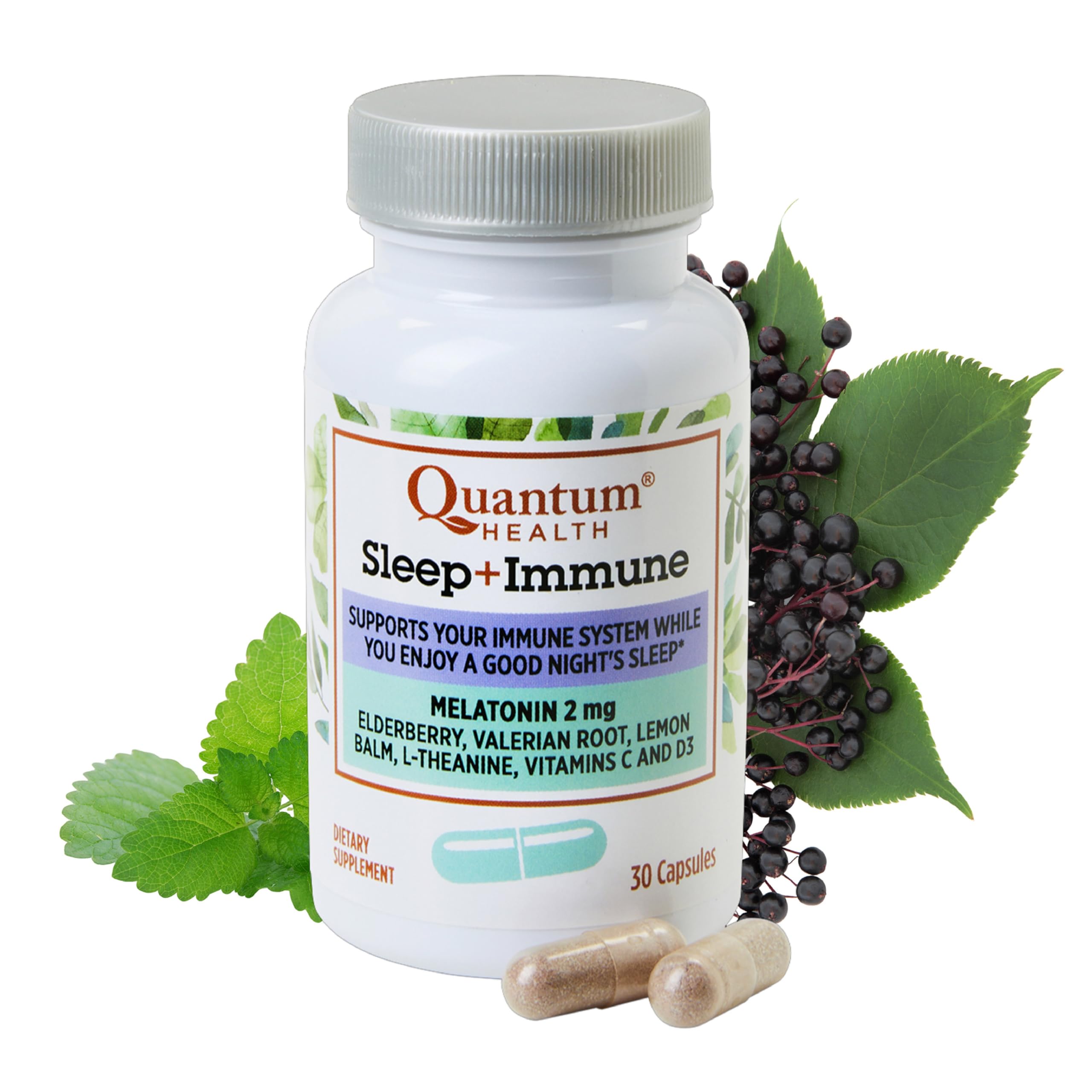 Quantum Health Sleep Immune Support Supplement Melatonin 2mg L Theanine & Valerian Root Plus Elderberry Vitamin C & D Immunity Boost - 30 Capsules