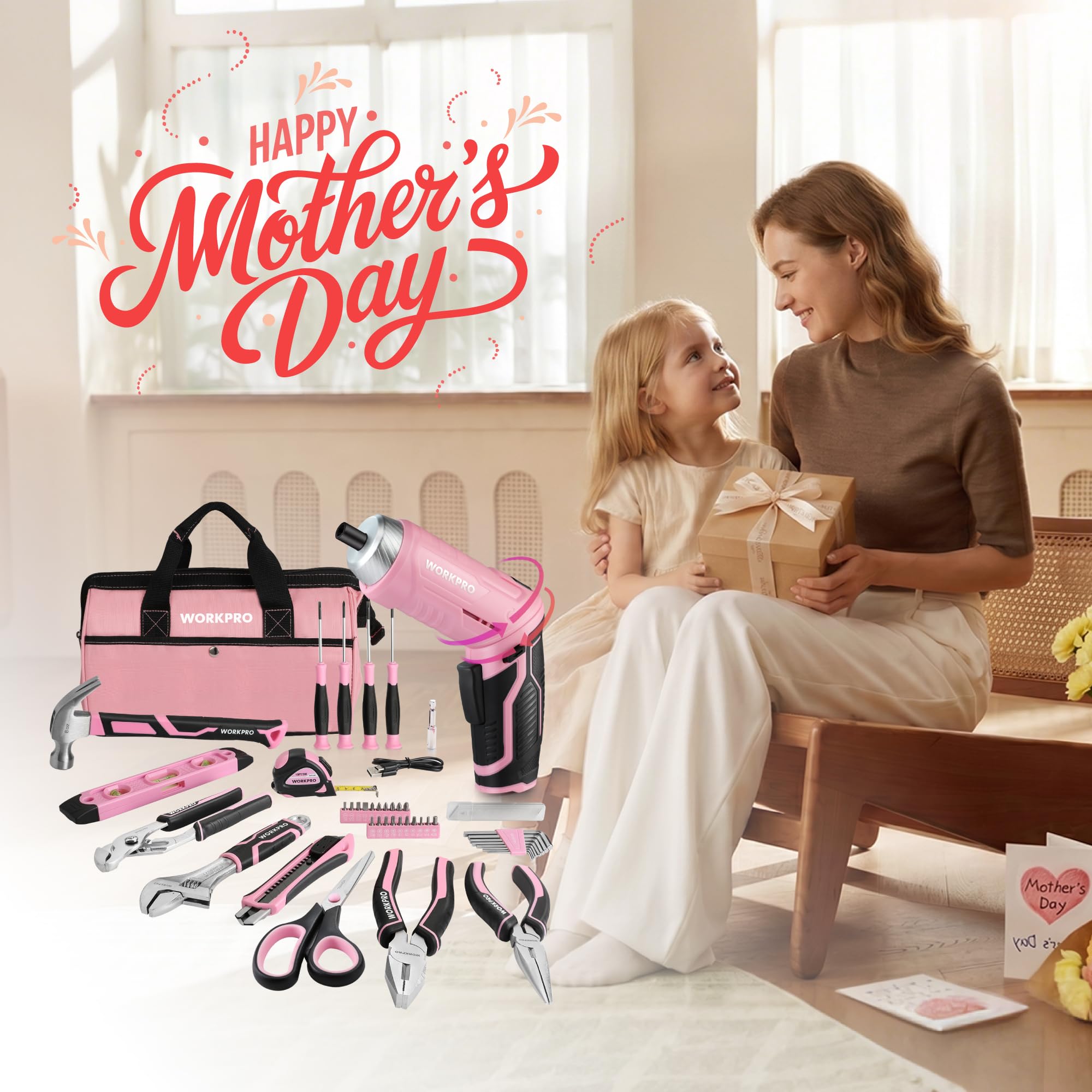 WORKPRO 53-Piece Pink Tool set with Electric Cordless Screwdriver