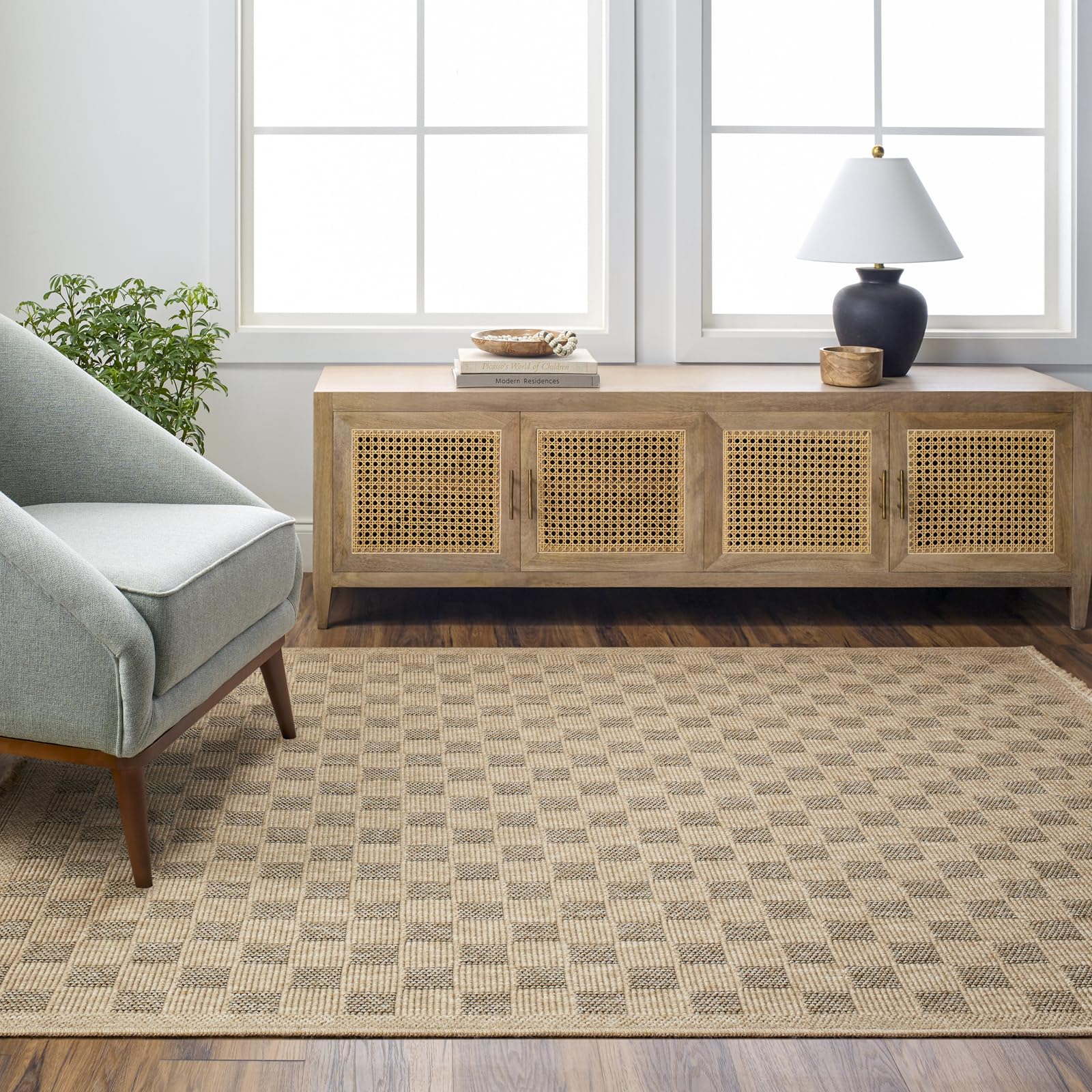 Livabliss TORI Cottage Jute-Look Area Rug - Light Brown/Black Checkered, 120 x 170 cm - Polypropylene - Indoor/Outdoor Use