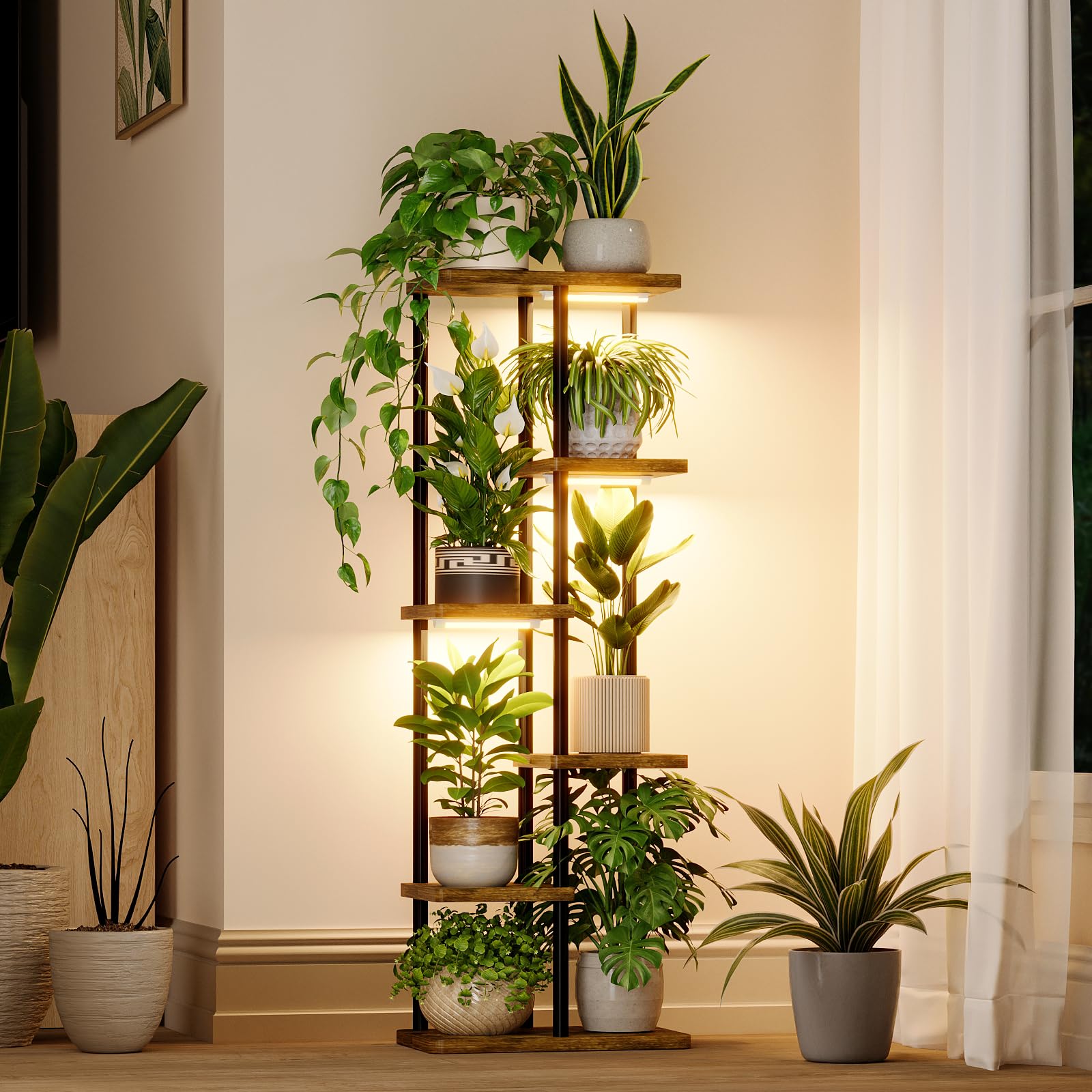 Bamworld Pflanzenregal Indoor mit LED-Wachstumslicht, 6 Ebenen Blumenständer Holz & Metall, Mehrstöckige Blumentreppe Modern, Hoher Pflanzenhalter für Wohnzimmer & Büro, Vintage