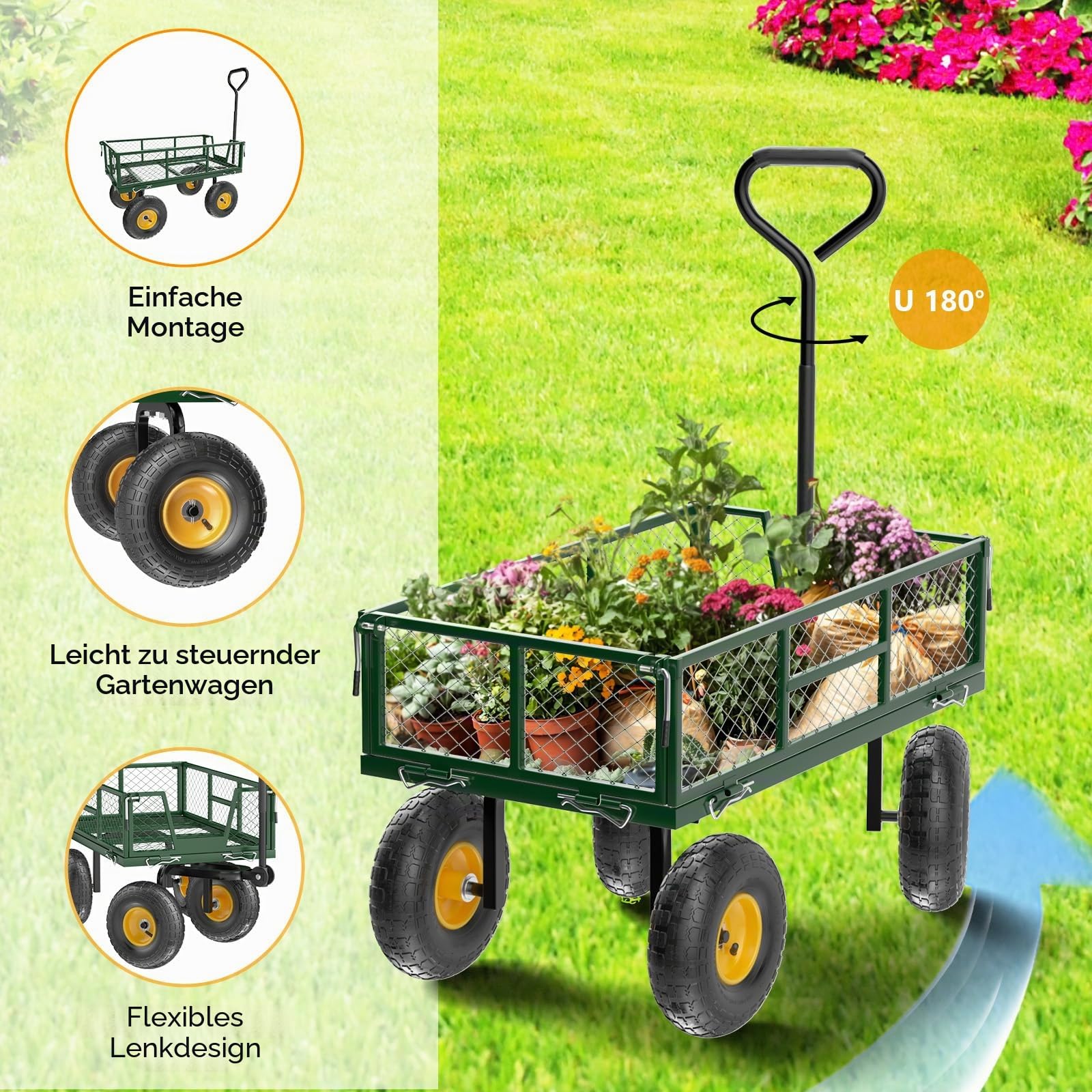 Bonnlo Gartenwagen, Bollerwagen Metall mit 180° drehbarem Griff und abnehmbarem Eisennetz, 363 kg Schwerlast-Nutzwagen, Kippwagen für Garten, Rasen und Landschaftsbau (Grün, 95,5 x 51 x 90 cm)