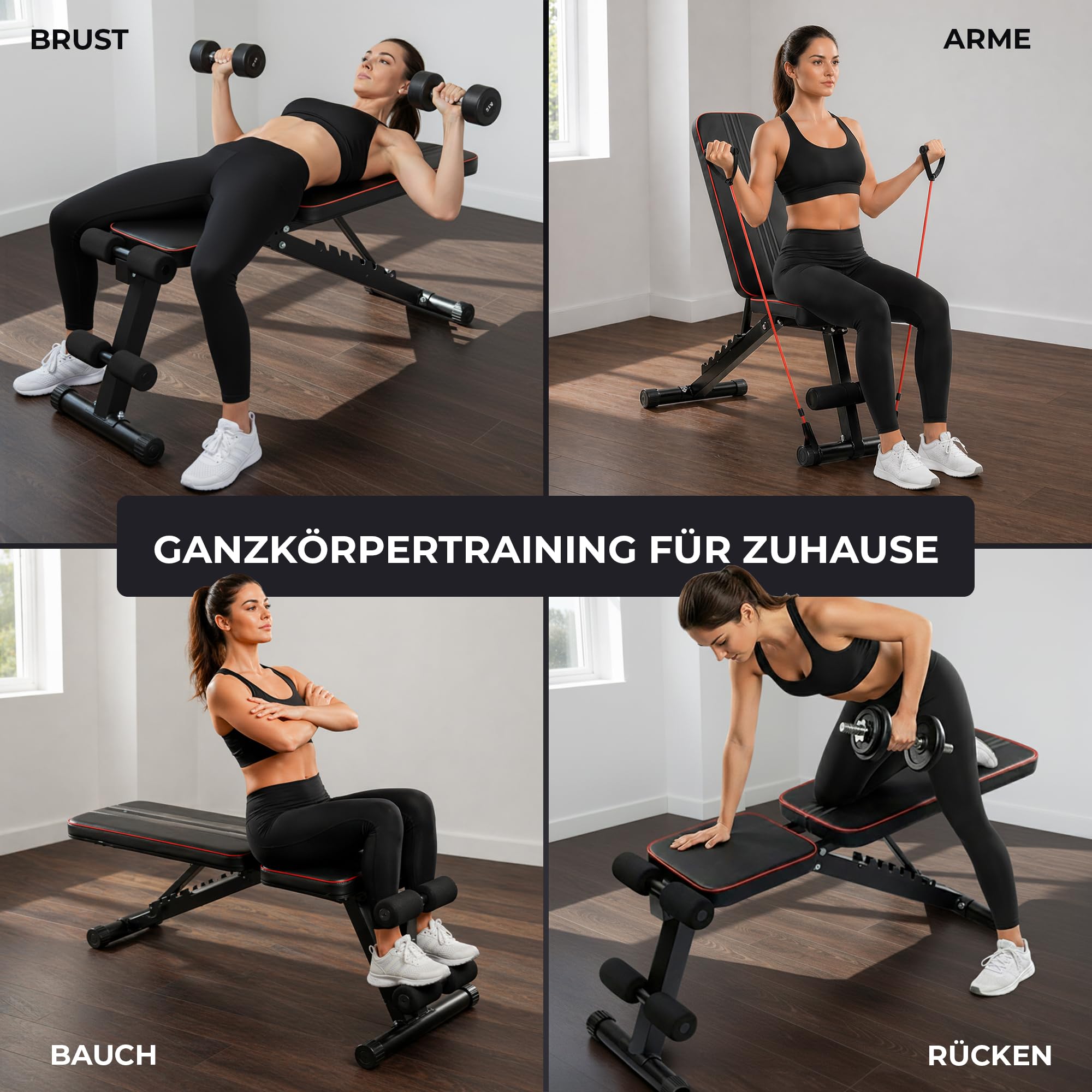 7-in-1 Hantelbank klappbar & verstellbar, bis 200kg belastbar | Schrägbank, Fitnessbank, Trainingsbank, Rückentrainer, platzsparend, 7 Positionen verstellbar, inkl. 2 Widerstandsbänder