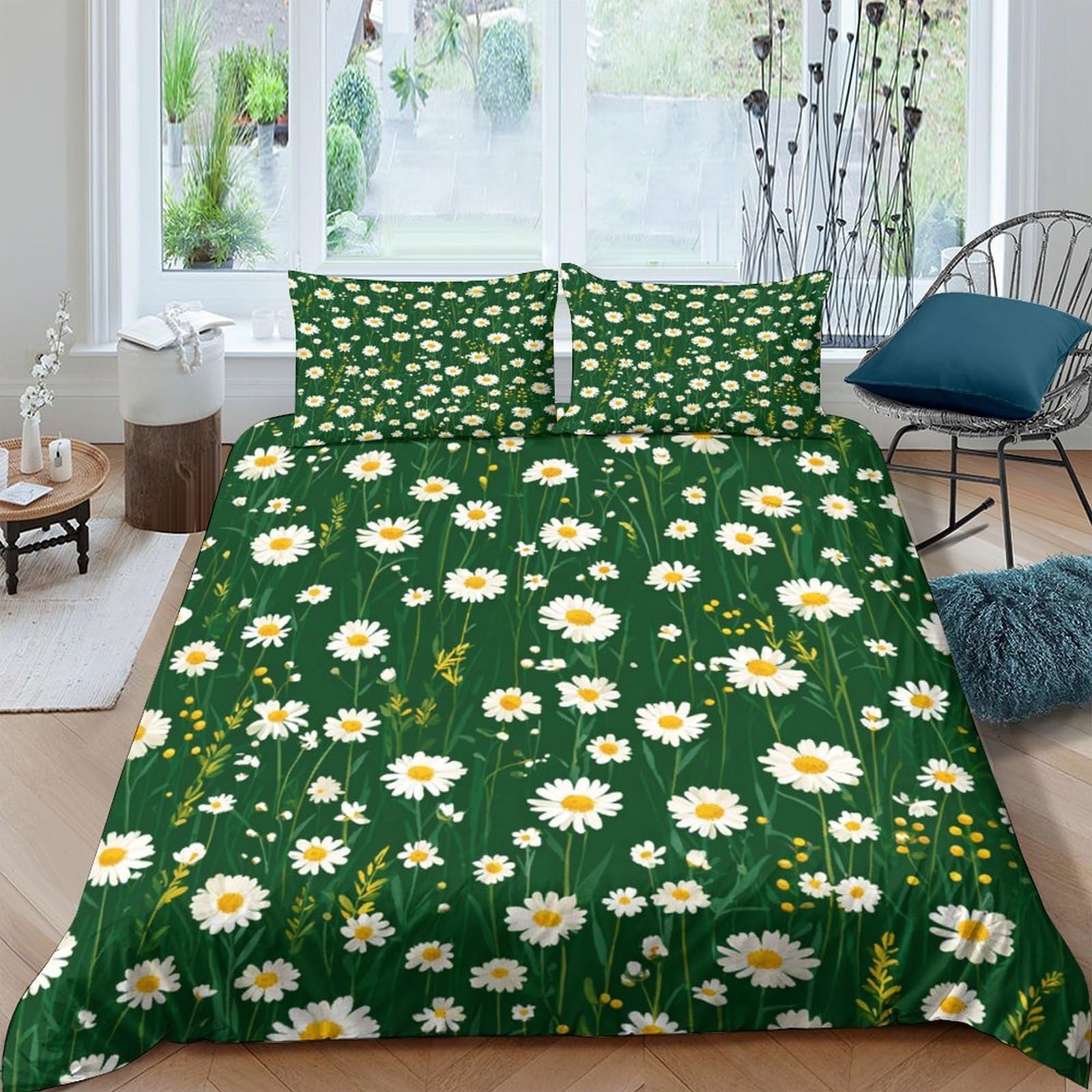 Ctjqhvkz Style-9 3D Printed Daisy Meadow Fitted Sheet Microfiber Green Floral Bed Cover Anti-Slip Machine Washable For Bedroom Guest Room Single（135X200cm）