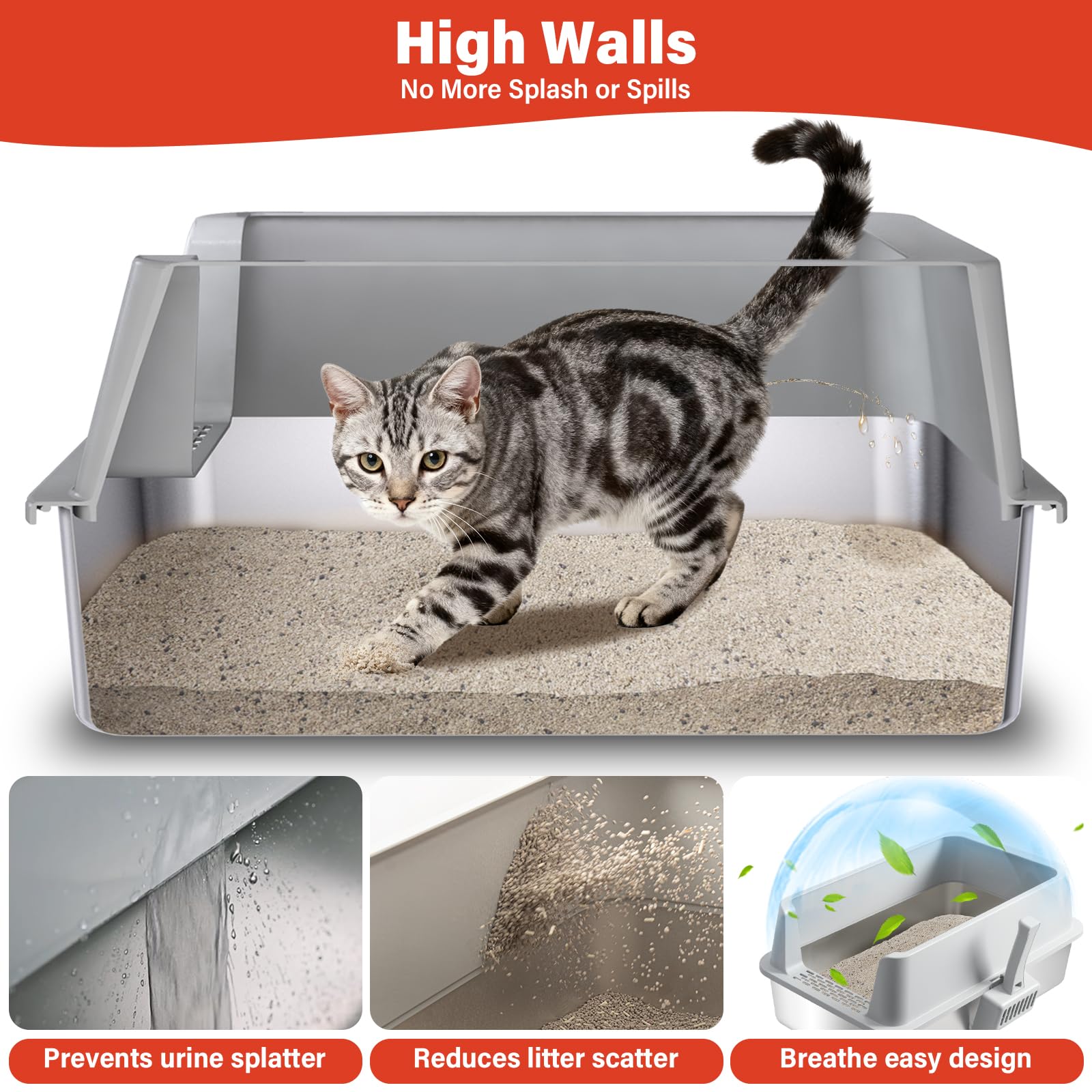 2PACK Stainless Steel Litter Box, Metal Litter Box with High Sides Lid, XL Large Cat Litter Boxes for Big Cats, Never Absorbs Odors, Anti-Urine Leakage, Easy Cleaning, Non-Stick, Include Scoop and Mat - image 4