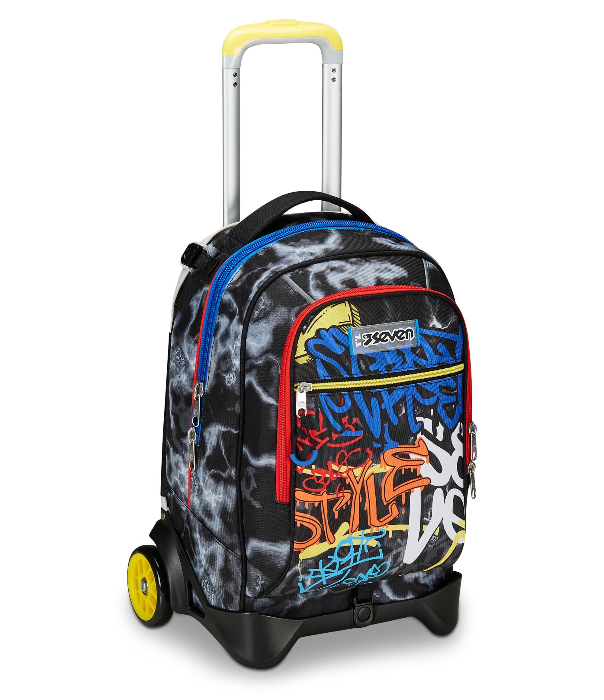 Seven Trolley Scuola Jack 2 Ruote, Nero Giallo, Mark On Boy, 3 in 1, Triplo Uso, Zaino Con Carrello Sganciabile, Tasca Porta Borraccia e Crossover System, Zaino Scuola Viaggio, Bambino Ragazzo