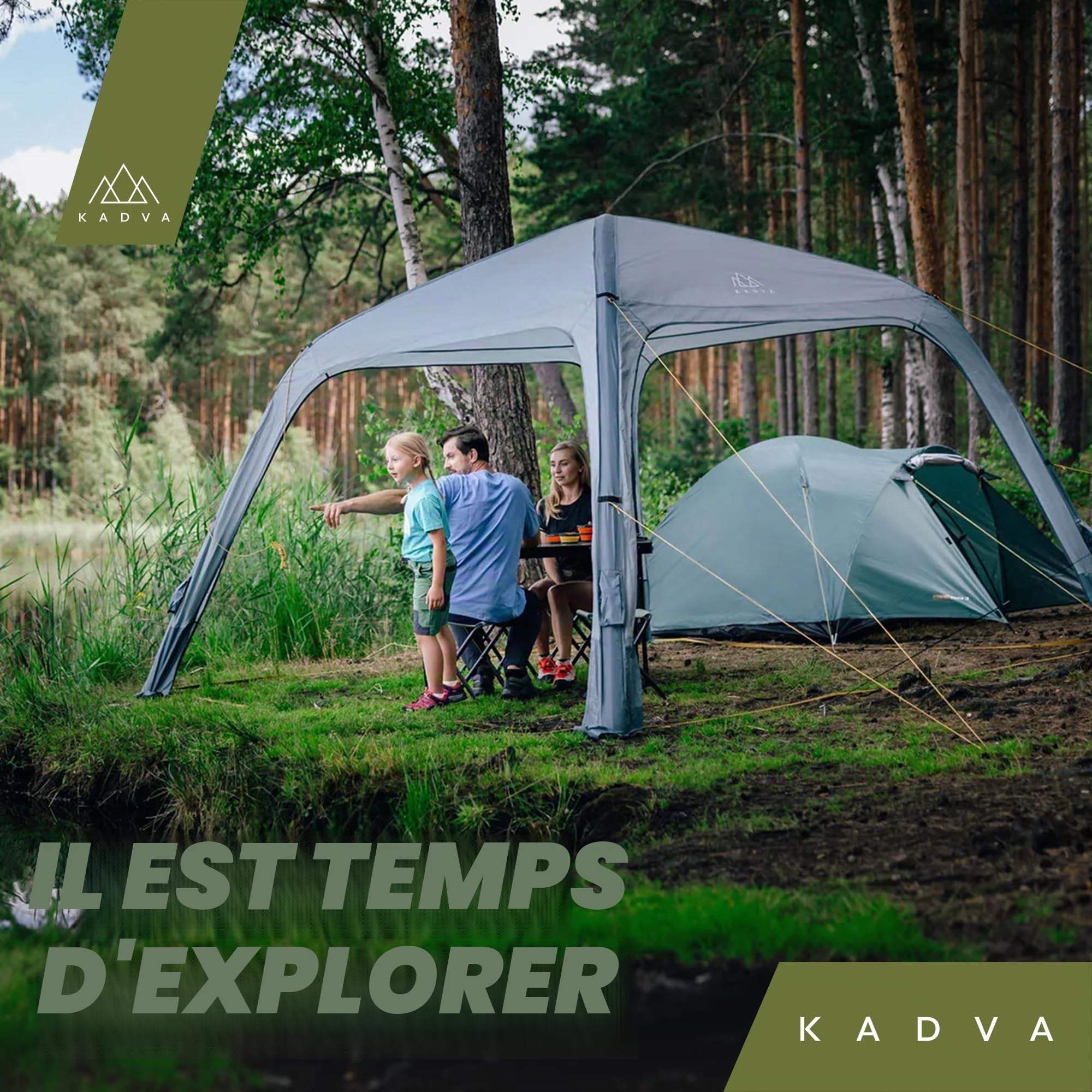 KADVA Auvent AIRcamp Base Résistance à l'eau 1000 mm Coutures Étanches Construction en Tunnel 3 Arcs Gonflables Dimensions 350x350x210 cm Pompe Incluse Crochet UPF 50+ Couleur Vert