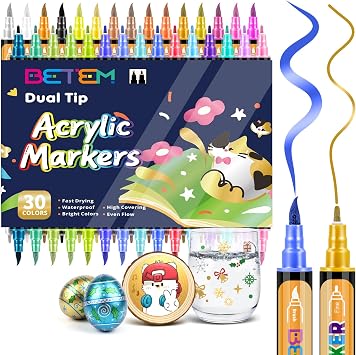 Betem 30 Metallic Paint Markers for Glass, Dual Tip Acrylic Paint Pens