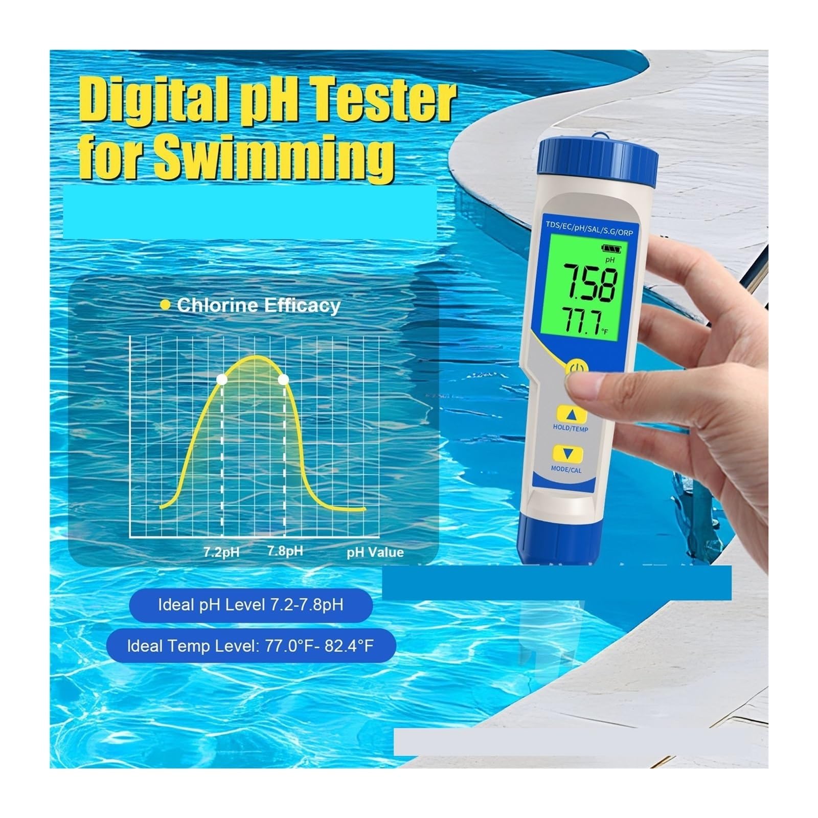 Probador de calidad del agua 7 en 1, salinidad PH EC TDS y medidor específico for acuario piscina,Extensamente probado