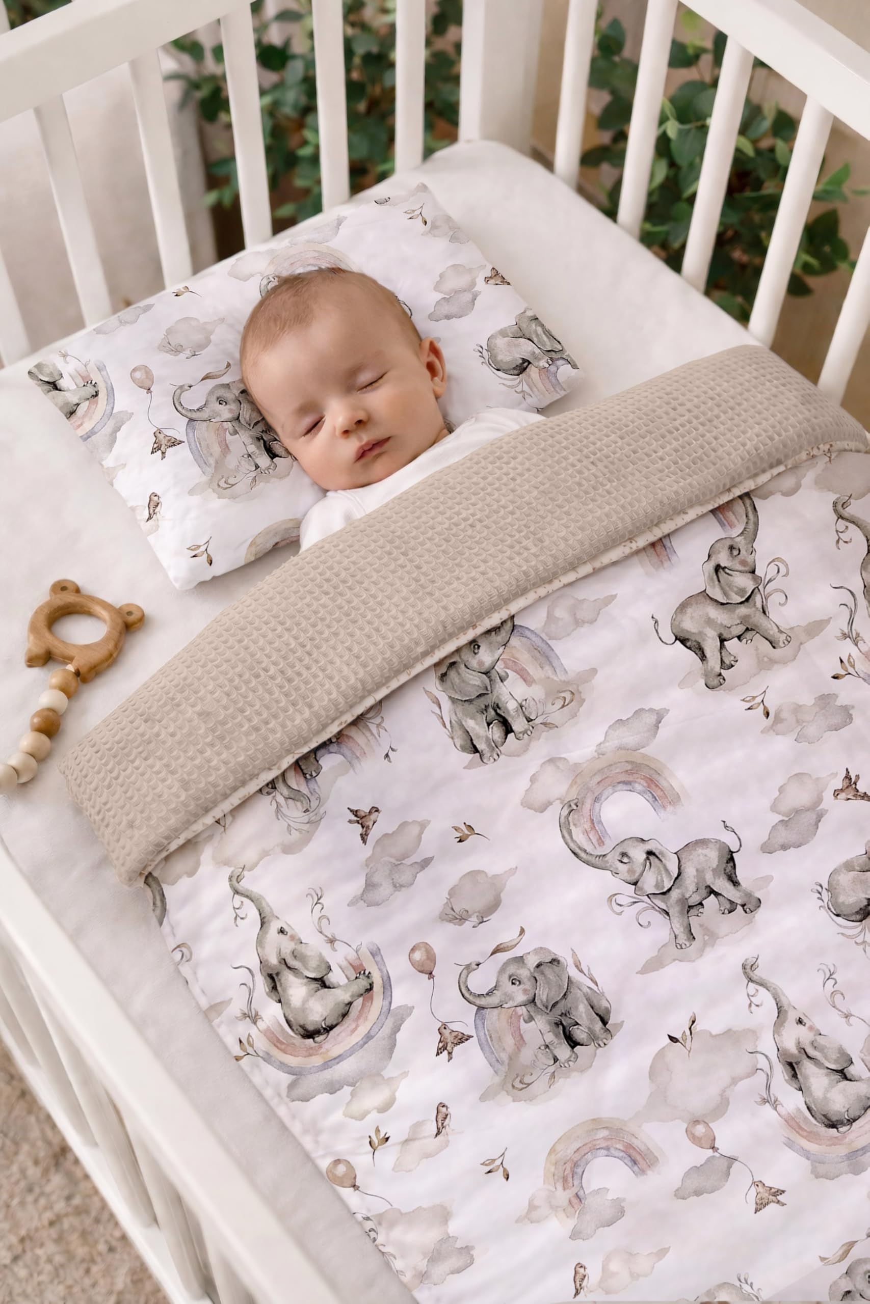 Babynest Nestchen Baby Set für Neugeborene – 5-teilig – Kuschelnest aus 100% Baumwolle & Waffelpique – Babykokon tragbar – für Babybett, Kinderbett & Kinderwagen – OEKO-TEX - Elefanten und Sand