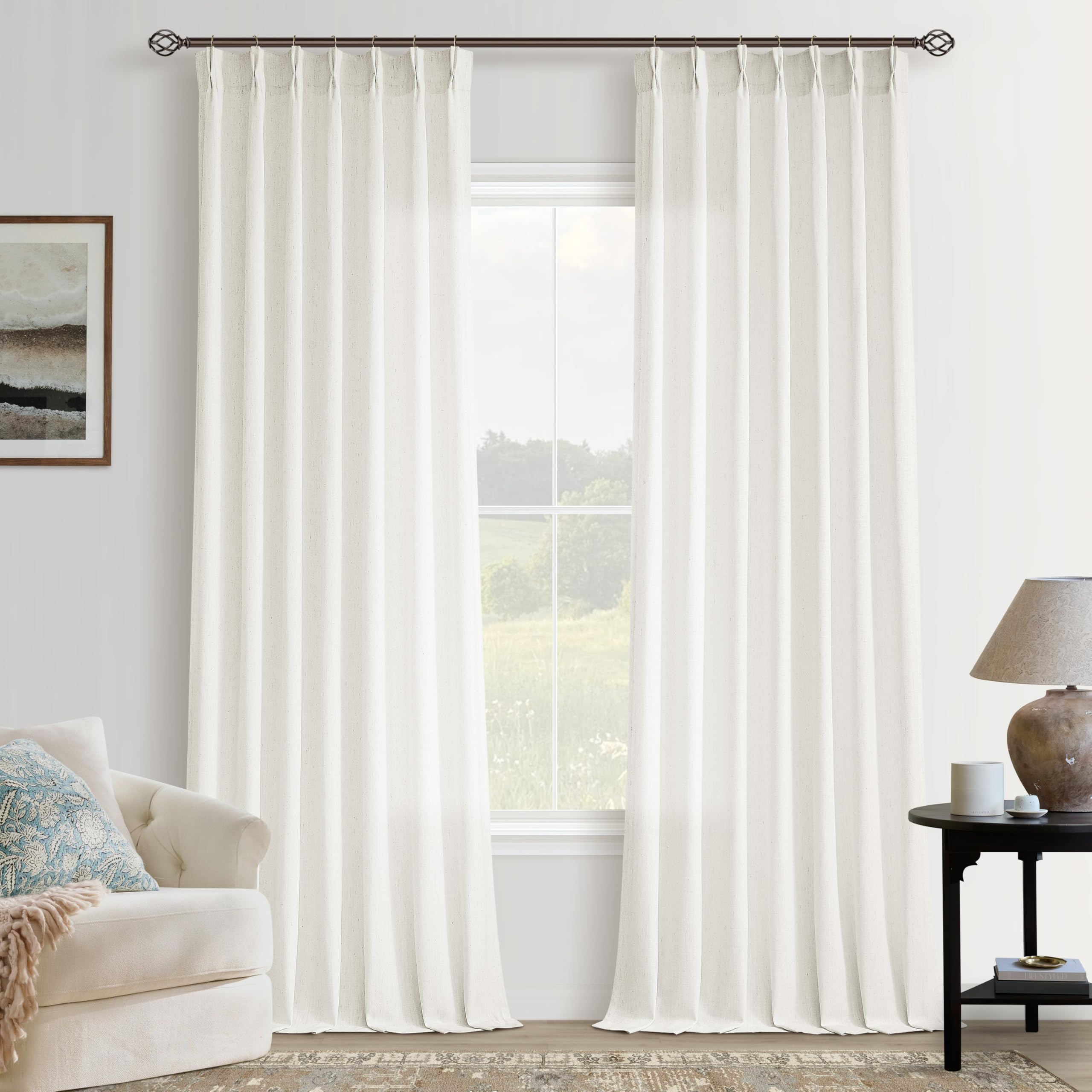 Photo 1 of 105 Inch Long Curtains Pinch Pleat Linen Curtains for Living Room Bedroom 2 Panels Natural Flax Linen Textured Light Filtering Semi Sheer Pinch Pleated Drapes Back Tab for Window Sliding Glass Door