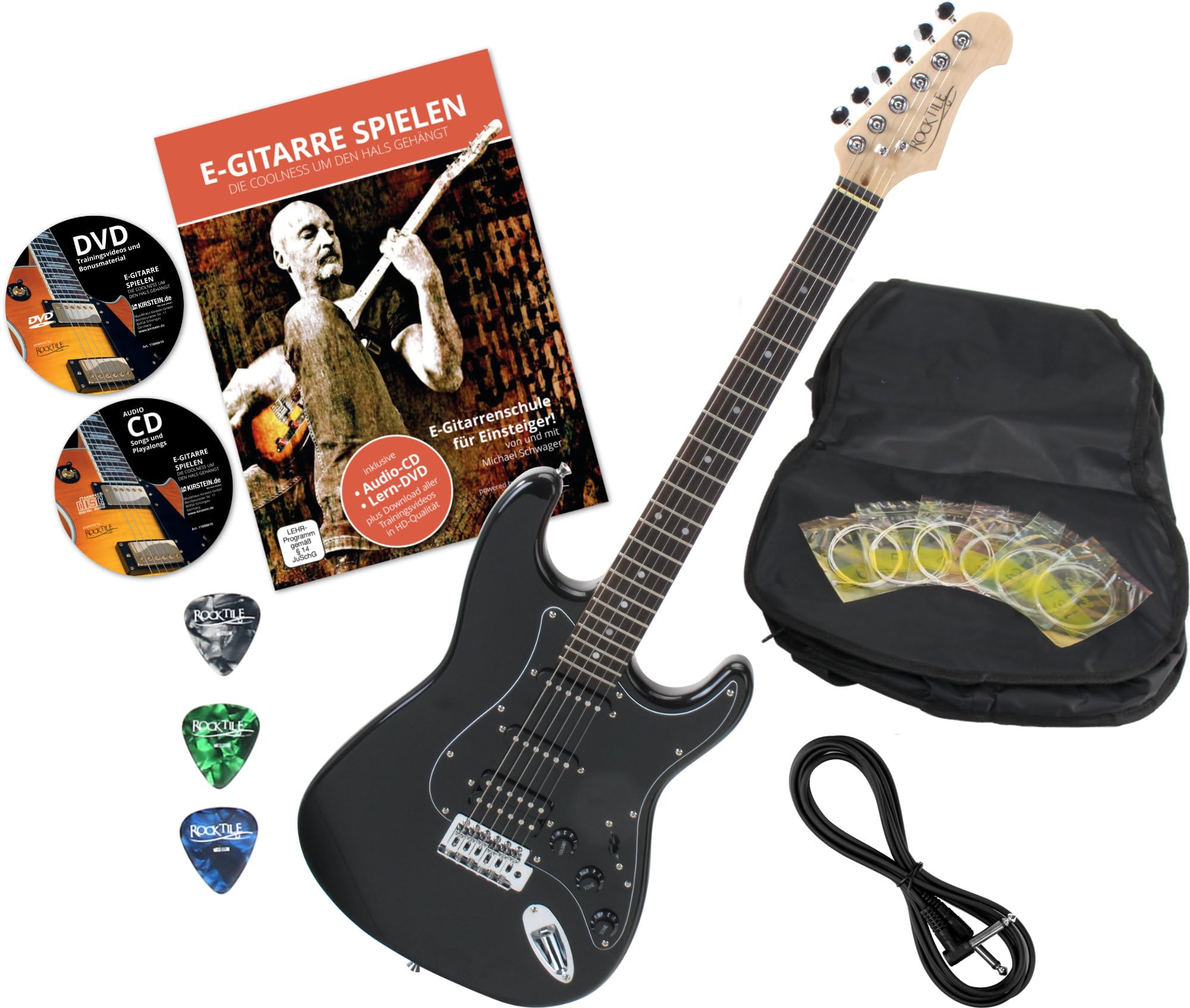 Rocktile Pro ST60-BK E-Gitarre All Black Set mit Zubehör – Mahagoni-Korpus, Humbucker & Single-Coil Tonabnehmer, inkl. Zubehörset – Ideales E-Gitarren-Set für Einsteiger und Fortgeschrittene