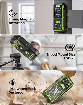 Huepar Professional Dual Laser Measuring Tool 393ft with 60 Inch Tripod, Laser Class: Class II (IEC/EN60825-1/2014), 1mW Power Output