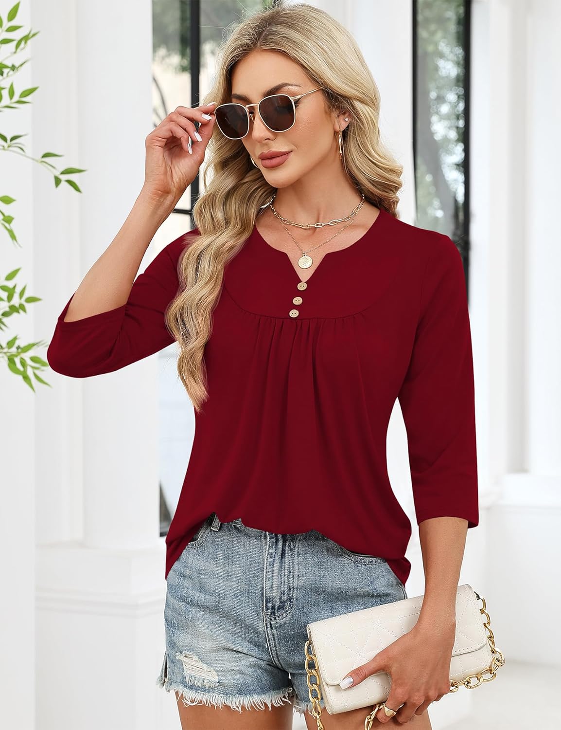 LOMON 3/4 Length Sleeve Womens Tops Dressy Casual Henley V Neck Blouses Loose Fit Tunics 2026 Trendy Summer Outfits - Image 3