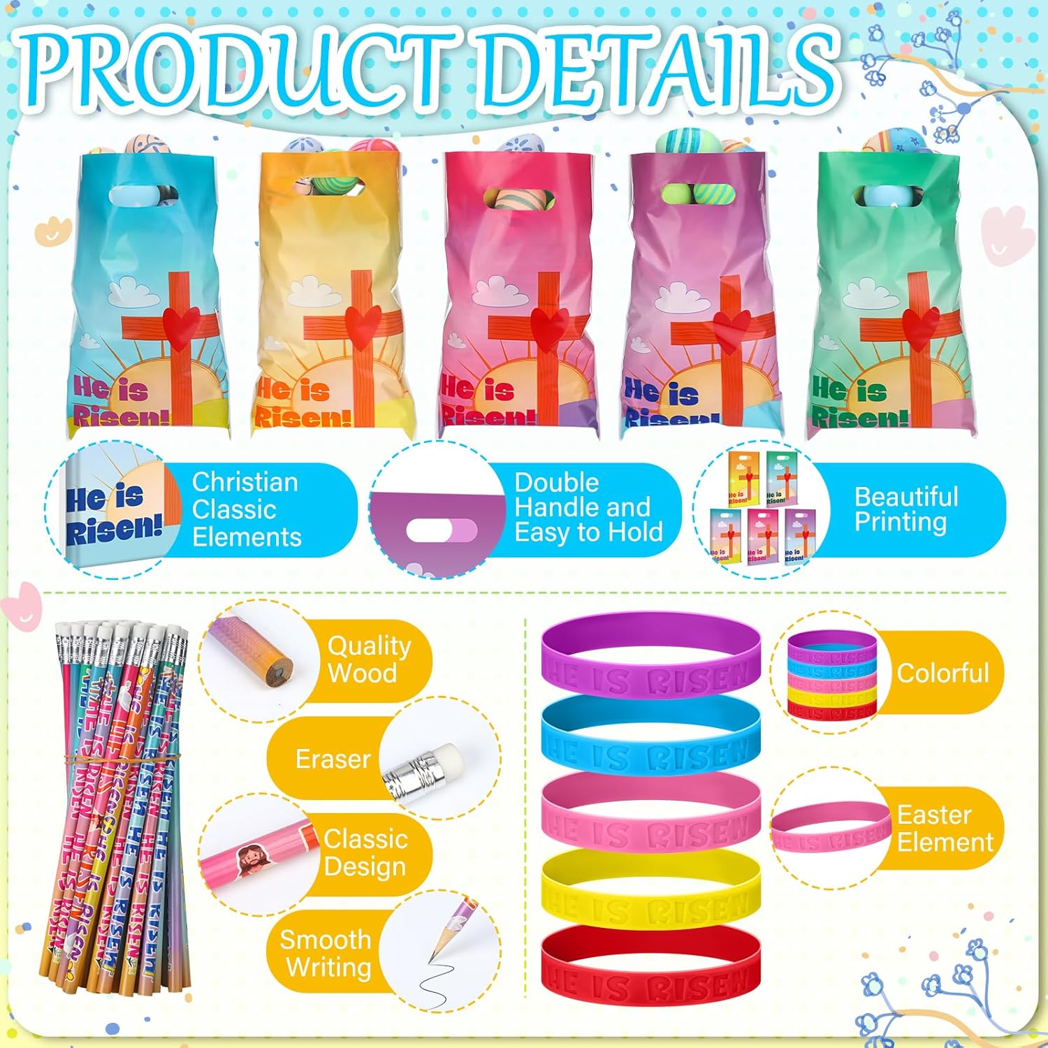 Ireer 180 Pcs Easter Party Favors He Is Risen Favors Set Includes 60 Pcs Plastic Easter Goody Bags 60 Pcs He Is Risen Silicone Wristband 60 Pcs Religious Pencils for Easter School Favors