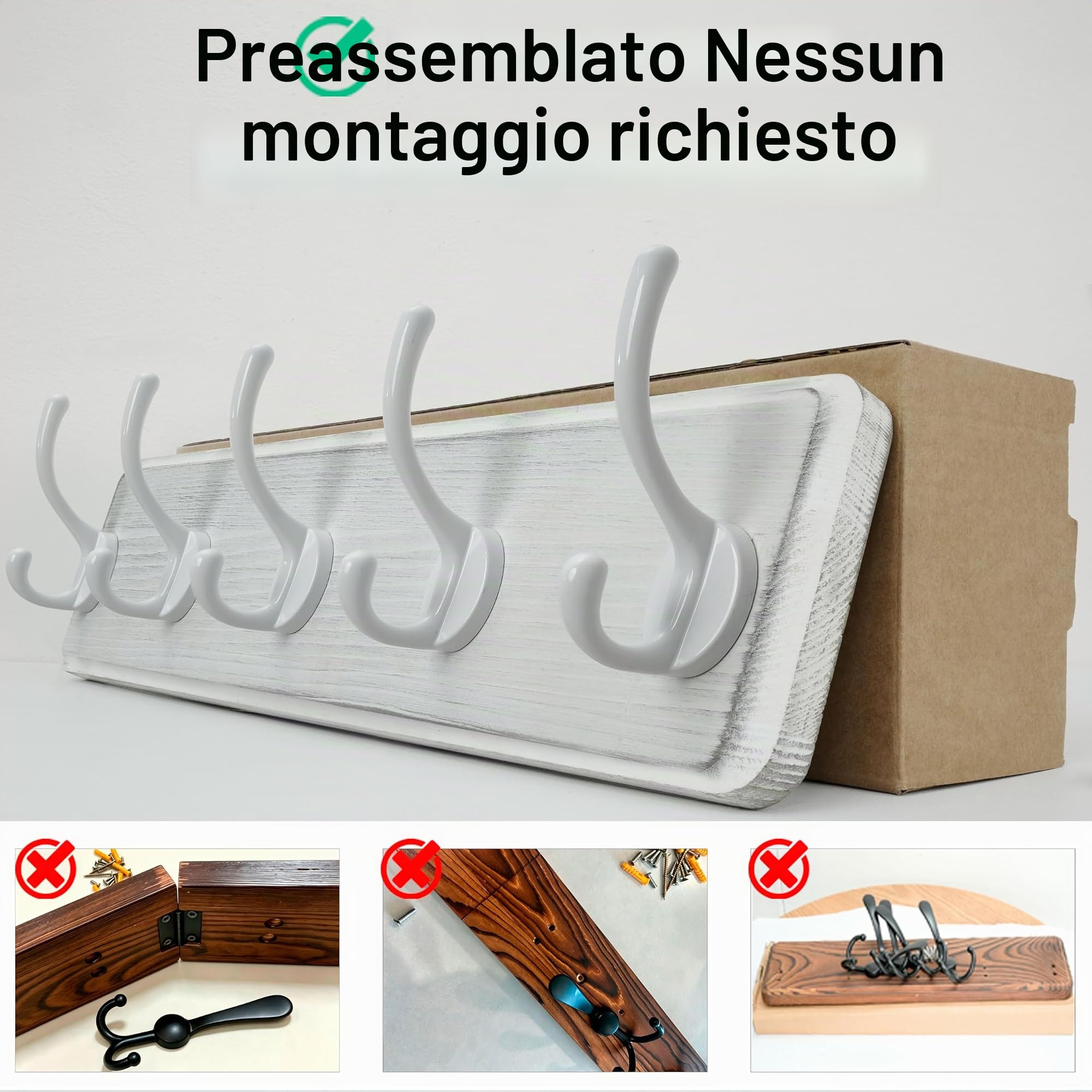 WEBI Appendiabiti da Parete,98cm Lungo 10 Ganci Attaccapanni da Muro,Appendiabiti da Muro Legno,Appendino da Muro,Attaccapanni da Parete per Ingresso Cappotto,Vestiti,Bianca