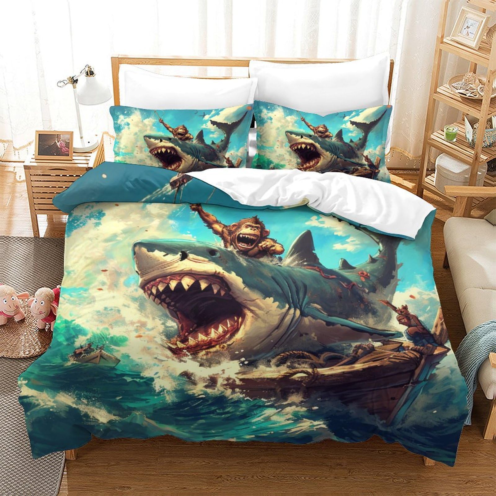 Housse de couette requin 3D 3 pièces 220x240cm en microfibre