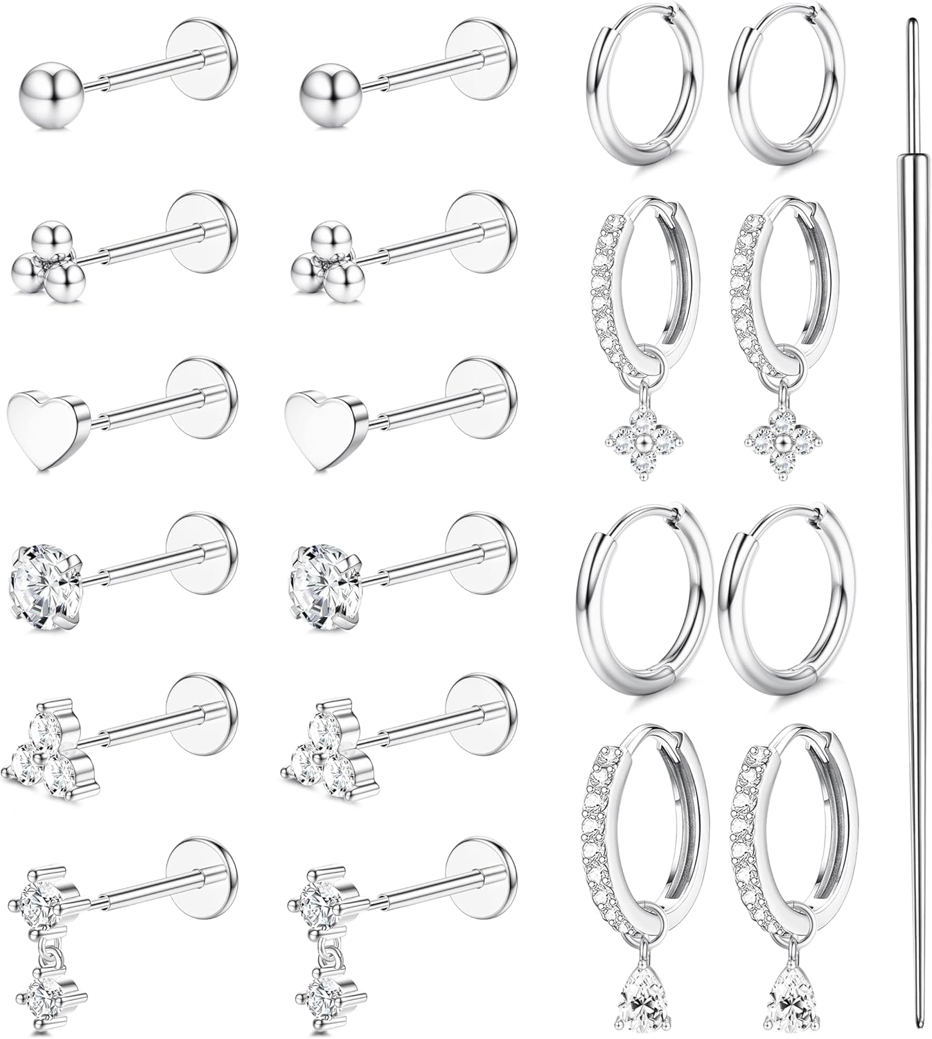 12 Pairs Threadless Flat Back Earrings Studs 20G 18G 16G Hypoallergenic Surgical Steel Push in Nose Studs Rings 14K Gold Plated Cartilage Earring Sets Helix Tragus Conch Piercing Jewelry for Women
