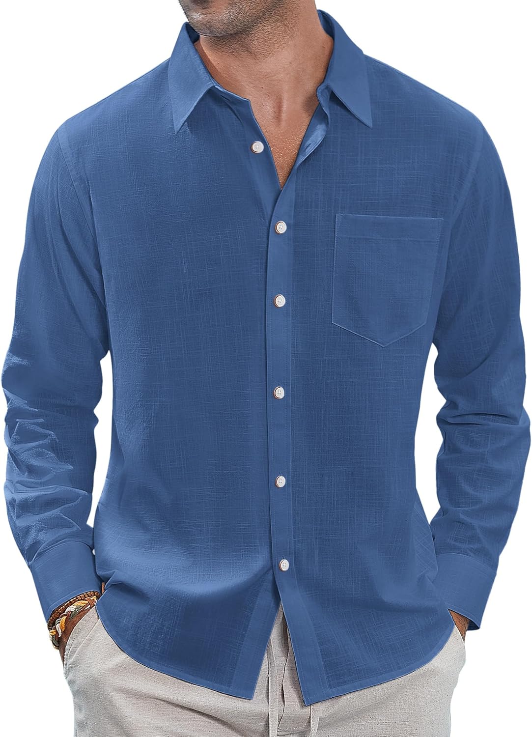 Herren Leinenhemden Freizeit Button Down Langarm Hemd Einfarbig Spread Hemden - Bild 55 von 57