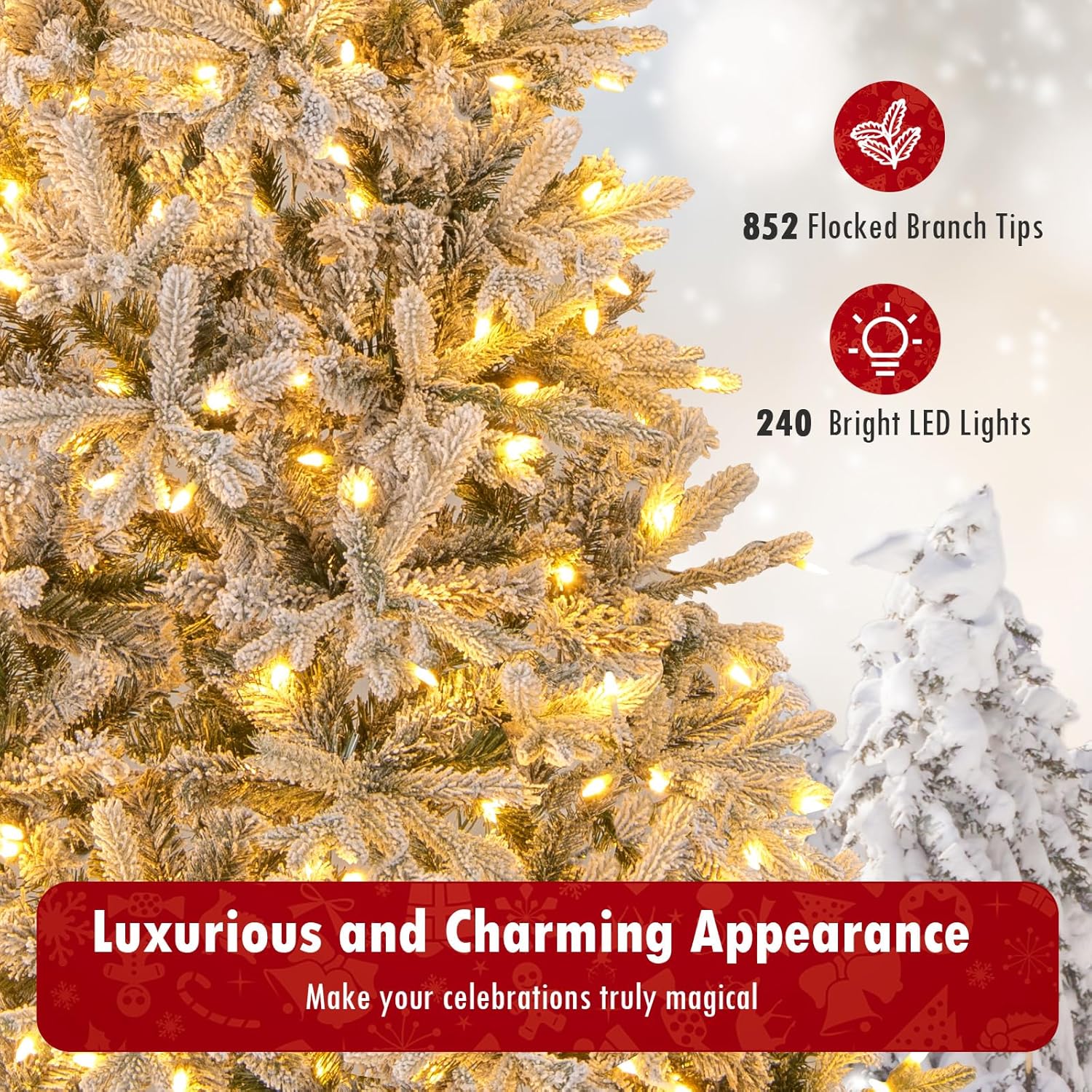 DORTALA 7FT Pre-lit Half Christmas Tree, Snow Flocked 1/2 Corner Flat Back Xmas Tree with 852 Branch Tips, 240 Warm White & Multicolored LED Lights, Remote for Home Holiday Decor