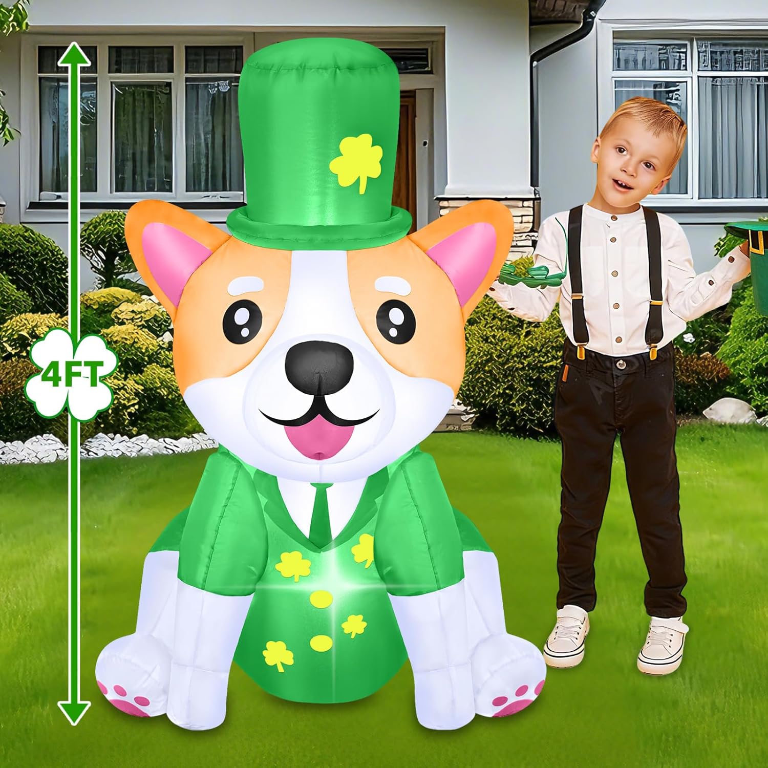 B&D 4FT St Patricks Day Inflatables Corgi Outdoor Decorations, Cute Inflatable Dog Dressed in Green Suit and Top Hat Built-in LED Lights Blow Up Yard Decorations for Holiday Part Indoor Garden Lawn