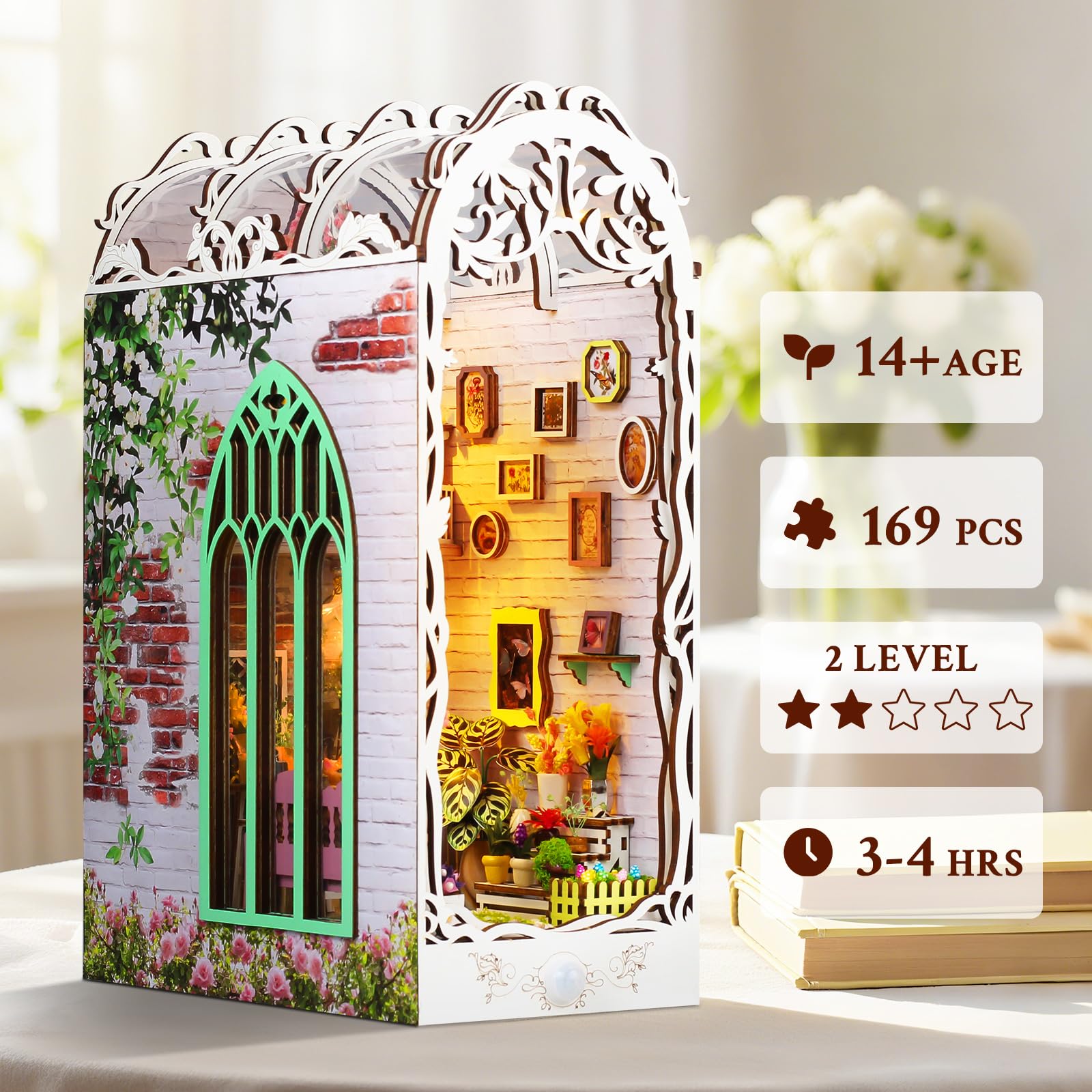 DIY Book Nook Kit - DIY Miniatur Holz Haus für Erwachsene mit LED, Bücherregal Dekoration 3D Puzzle Buchstützen aus Holz Erwachsene Booknook Geschenken für Frauen(Gartenhaus)