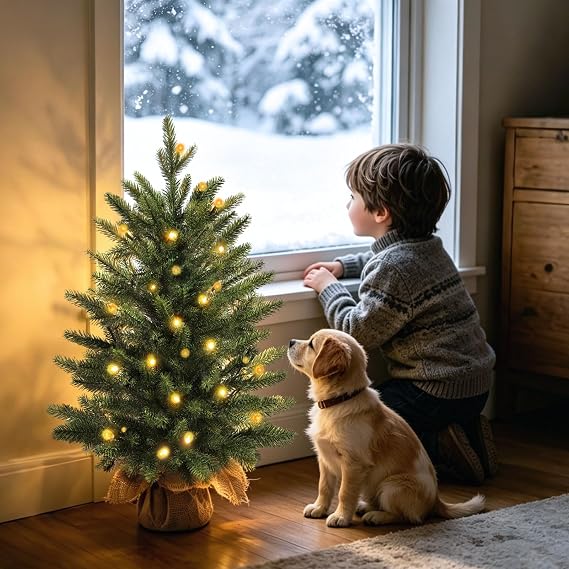 Mini Christmas Trees with 25 LED Lights, 24 Small Artificial Tabletop Tree