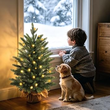 Mini Christmas Trees with 25 LED Lights, 24 Small Artificial Tabletop Tree