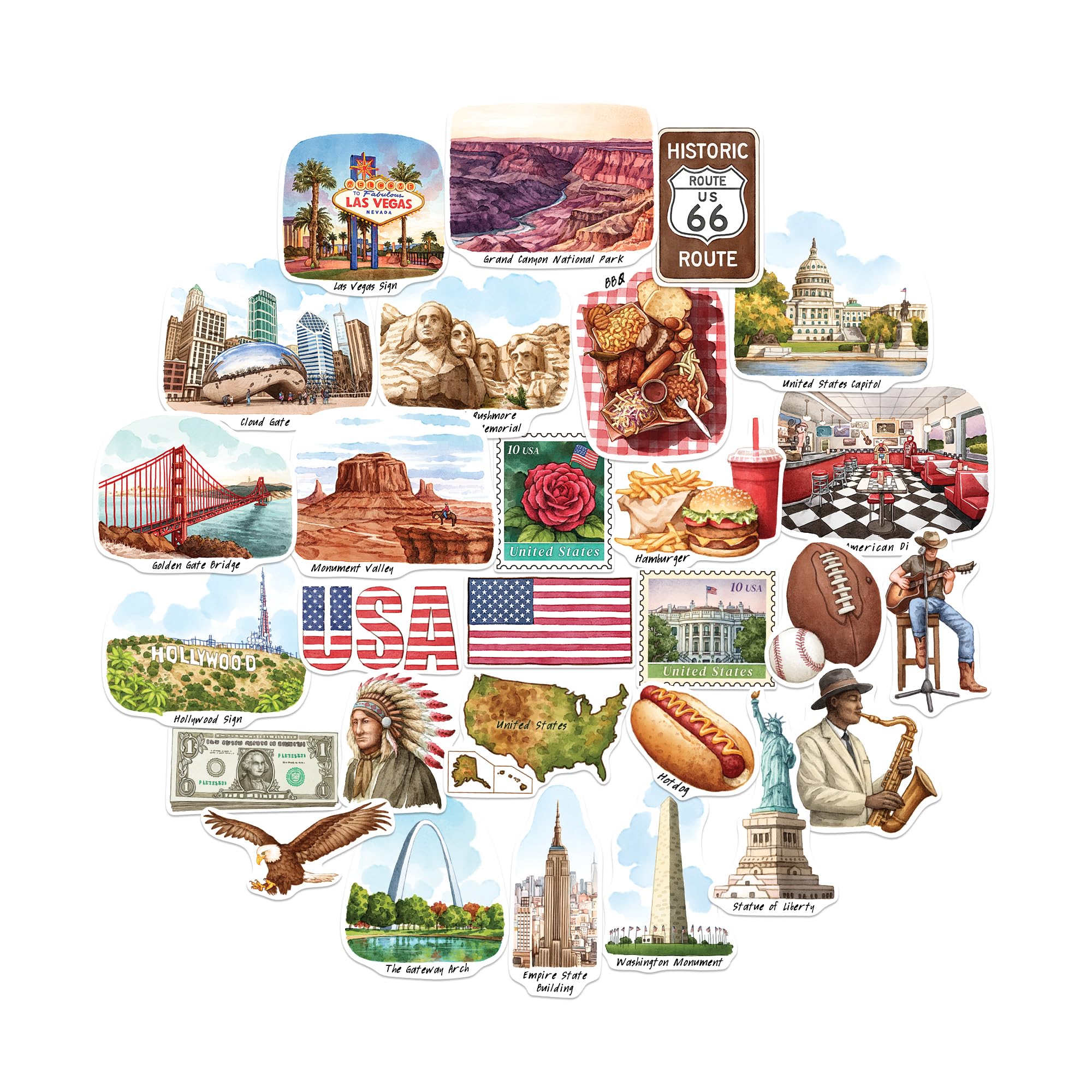 Navy Peony Iconic USA Travel Stickers (28pcs) - Hand-Illustrated, United States, American-Themed Vacation Decals for Journals, Scrapbooks, Luggage