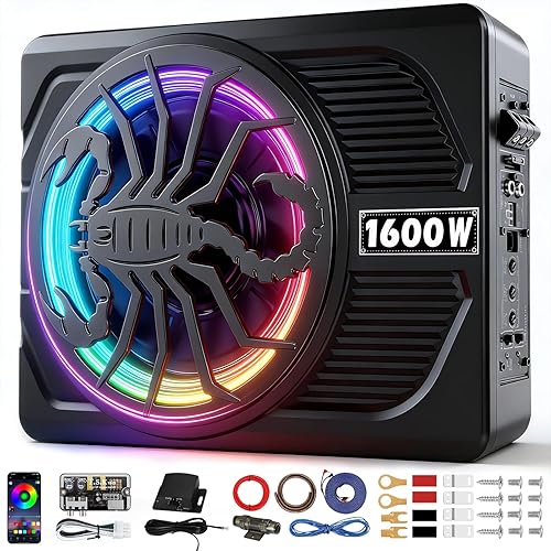 2026 Upgraded 1600W Slim Underseat Car Subwoofer and Amp Package with RGB Beat-Synced Light, Individual Control for Low Pass/Gain/Boost Bass, Clean Deep Bass Perfect for Truck/Jeep/MPV/Sedan