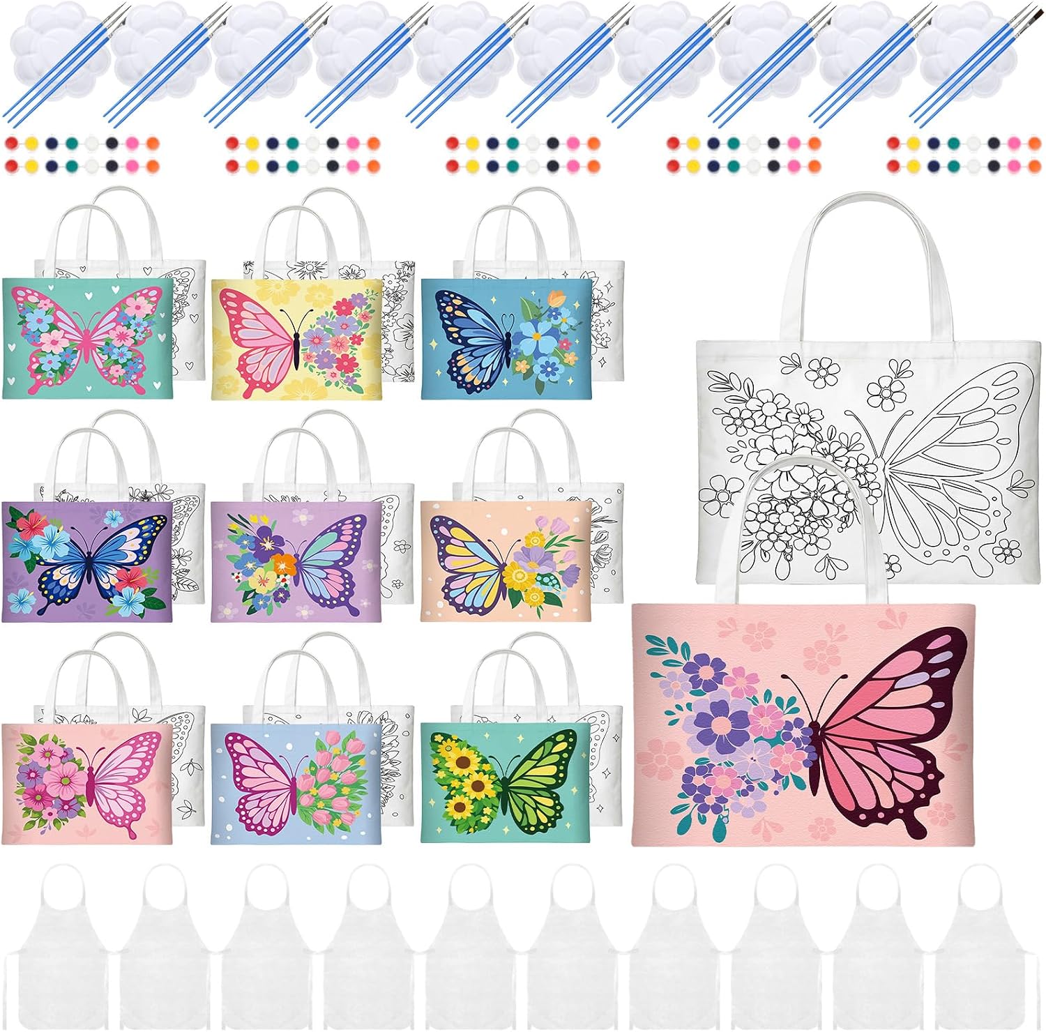 10 Set Pre Drawn Canvas Bags Set Paint and Sip Kit for Adults Painting DIY Tote Bags Making Kit with Paintbrushes, Paints, Apron, Palette for Painting DIY Party Women Adults