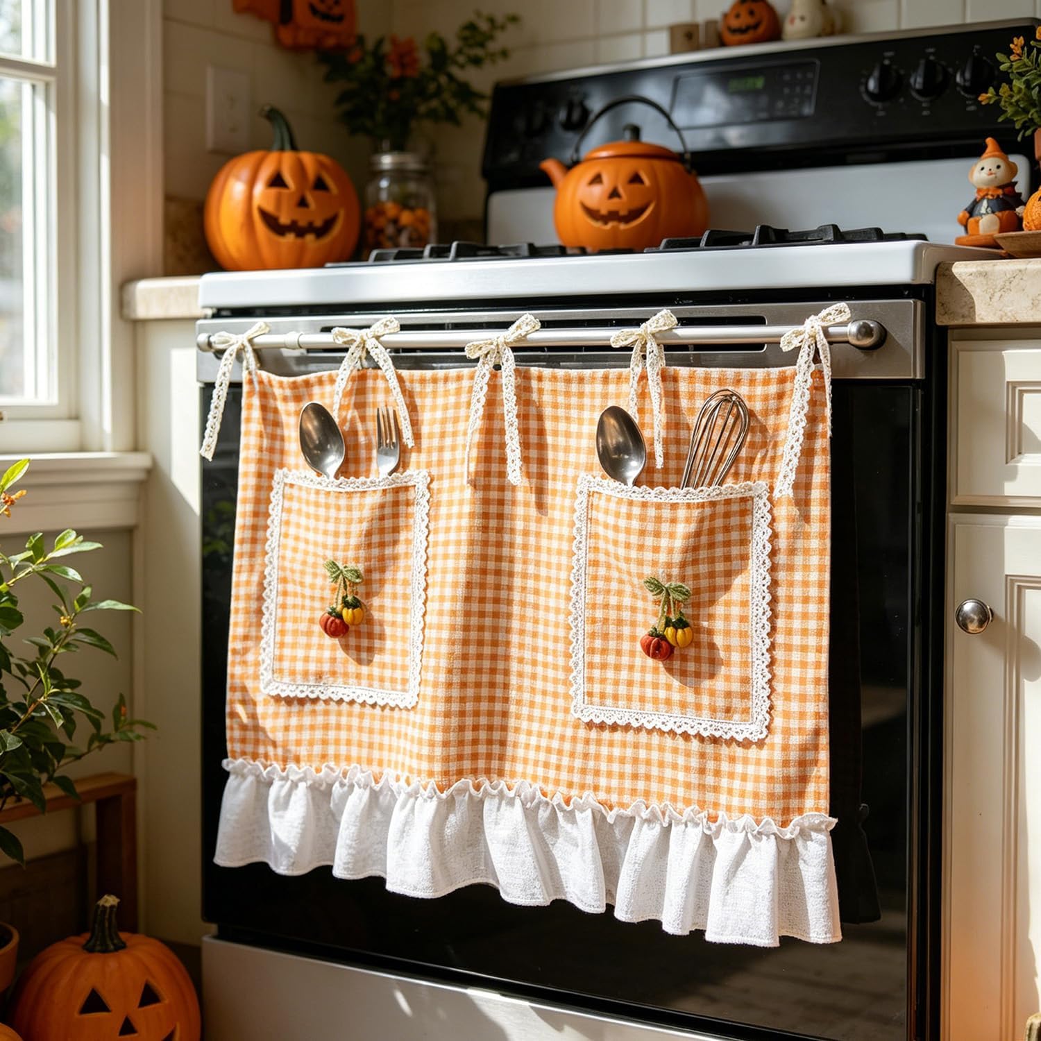 Fall Orange Gingham Oven Door Curtain, Tie Tab Ruffled Tier Cafe Curtain