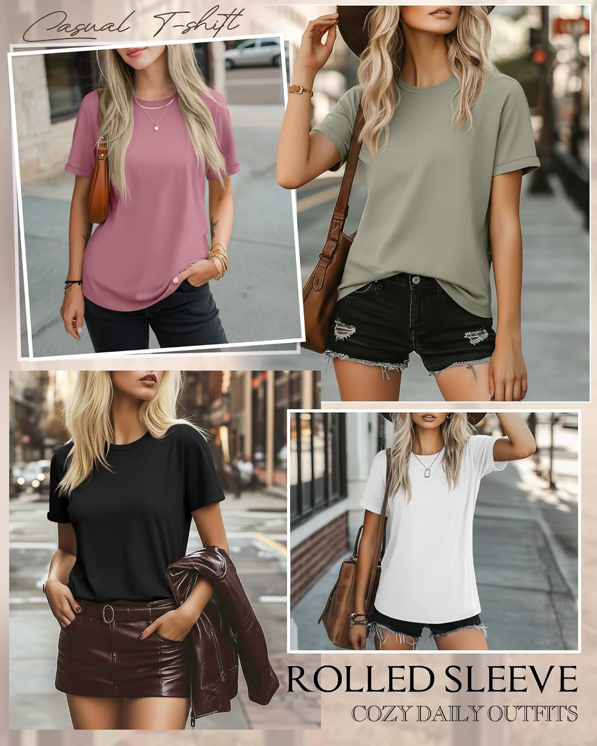 Ficerd 4 Pack Women's Cotton T Shirts Casual Short Sleeve Tunic Tops Crewneck Plain Summer Loose Fit Rolled Sleeve Basic Tee - Image 5