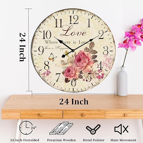 Miniatura 6 de Reloj de pared vintage Slient de 24 pulgadas, funciona con pilas, reloj de pared retro grande que no hace tictac para casa de campo, sala de estar,