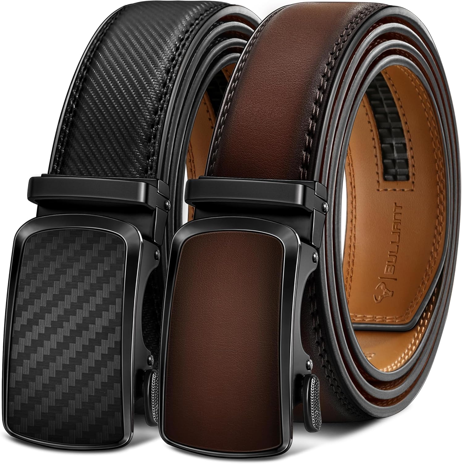BULLIANT Men's Ratchet Belt 2 Pack-Click Leather Belt Adjustable for Men Gift 1 3/8-Cut for Perfect Fit