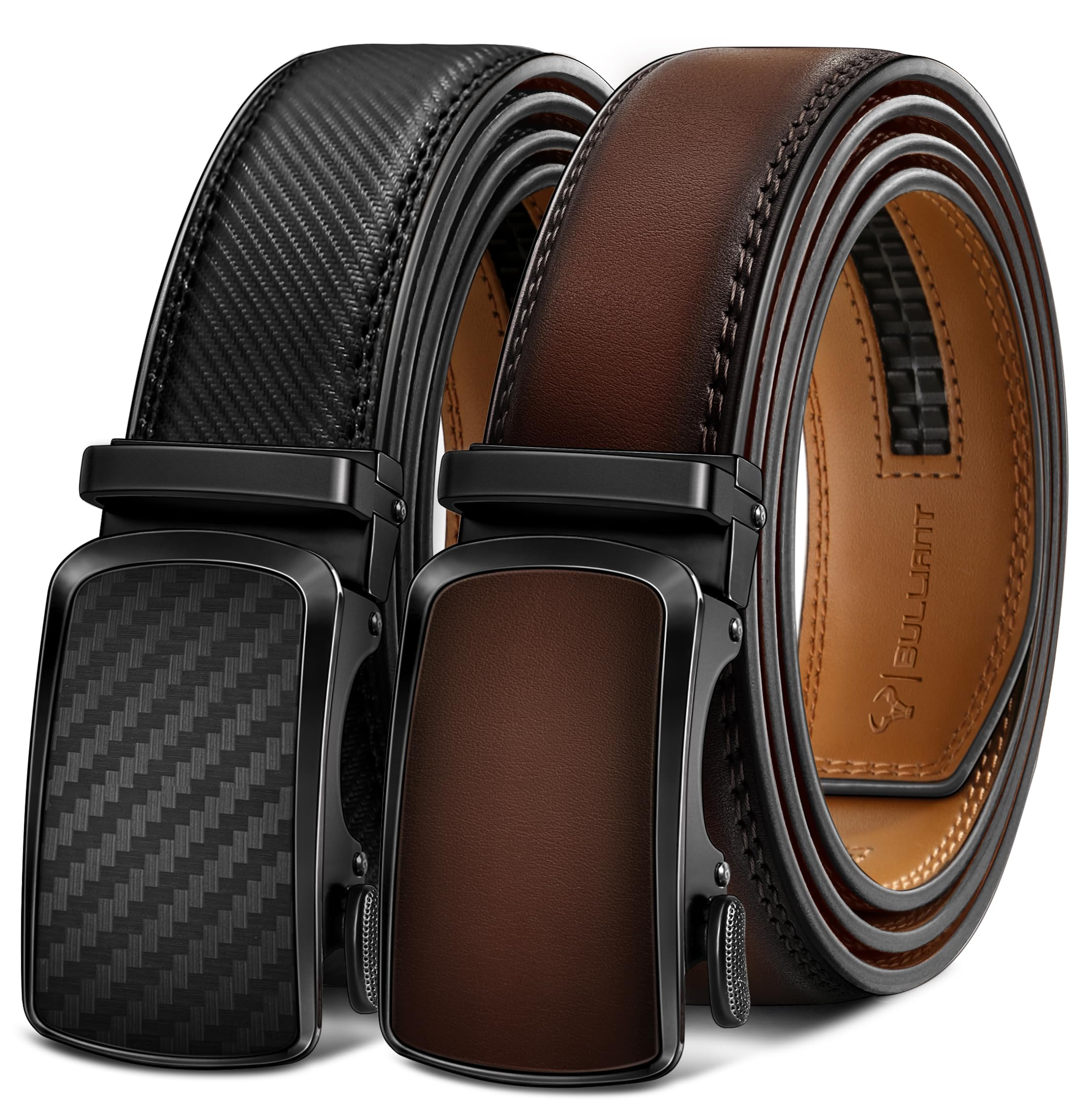 BULLIANT Ledergürtel Herren 2er, Gürtel Herren Ratsche Automatikschließe für Herren Verstellbar 35mm Breit mit Geschenkbox
